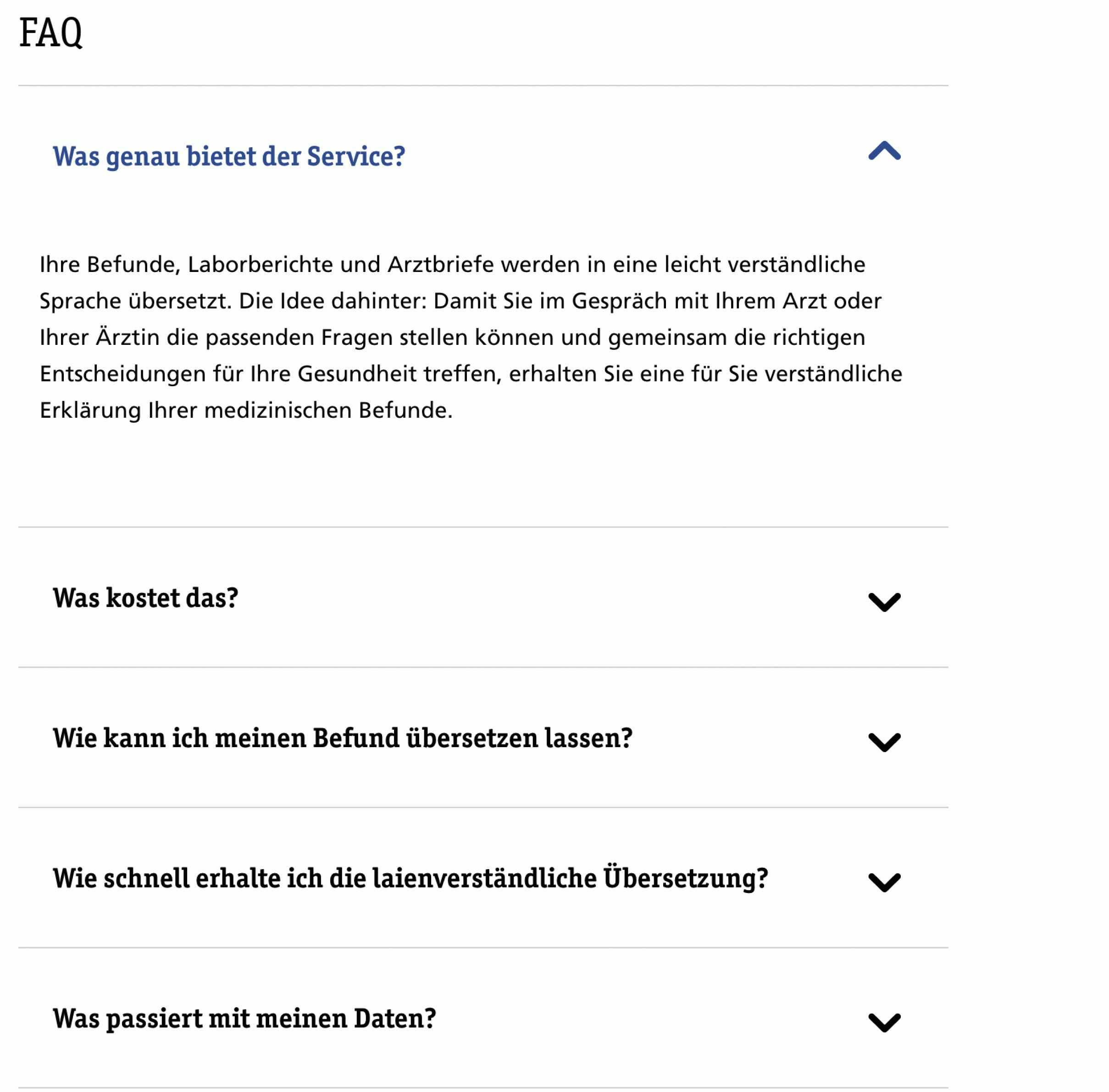 Screenshot der Website „Stiftung Gesundheitswissen“. Zu sehen ist die FAQ-Seite