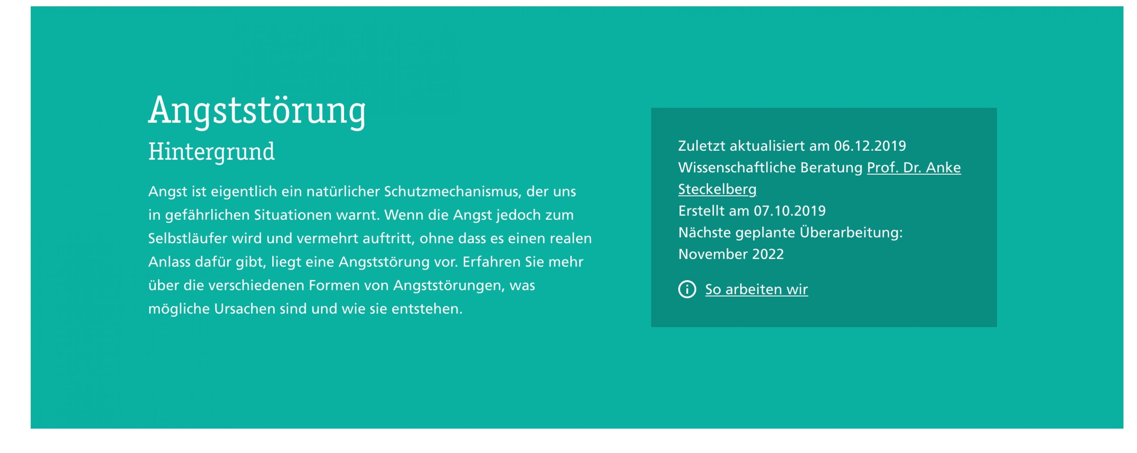 Screenshot eines Infokastens, der Hintergrundinformationen zum Krankheitsbild „Angststörungen“ enthält