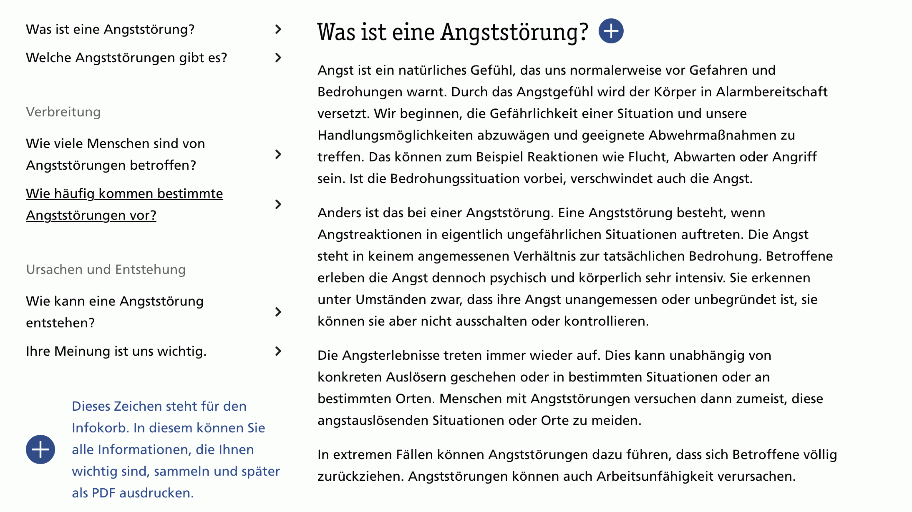 Screenshot Hintergrundinformationen bei Krankheiten A–Z der Website der Stiftung Gesundheitswissen. Zu sehen ist ein Text über Angststörungen