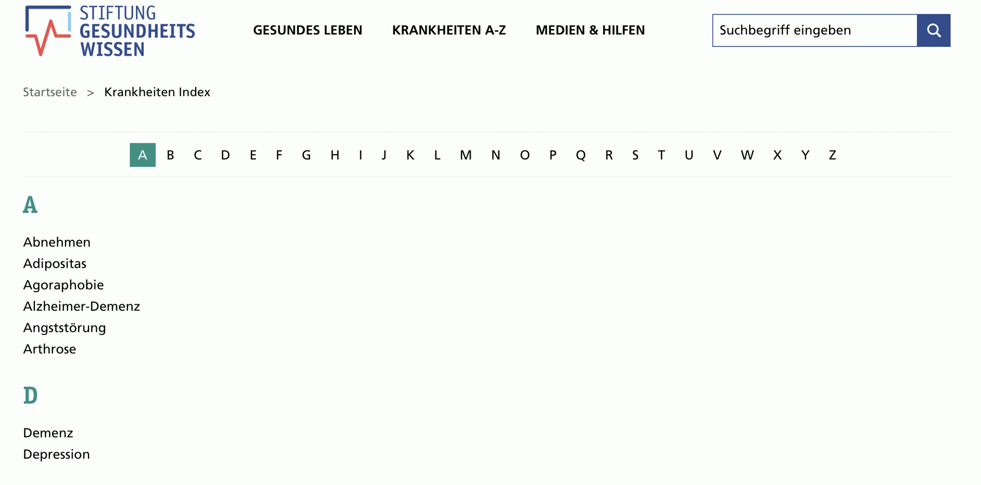 Screenshot der Website der Stiftung Gesundheitswissen: Navigation Krankheiten A-Z