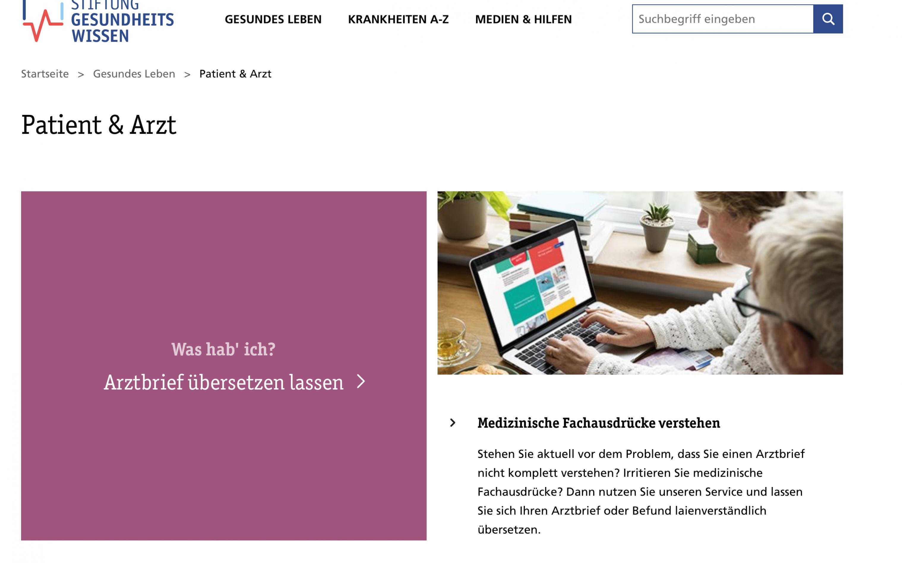 Screenshot aus der Rubrik „Gesundes Leben“: Informationen zum Partnerangebot „Was hab ich?“. Zu sehen sind eine farbige Infobox und ein Teaser. Navigation zur Beitragsseite des Partnerangebots