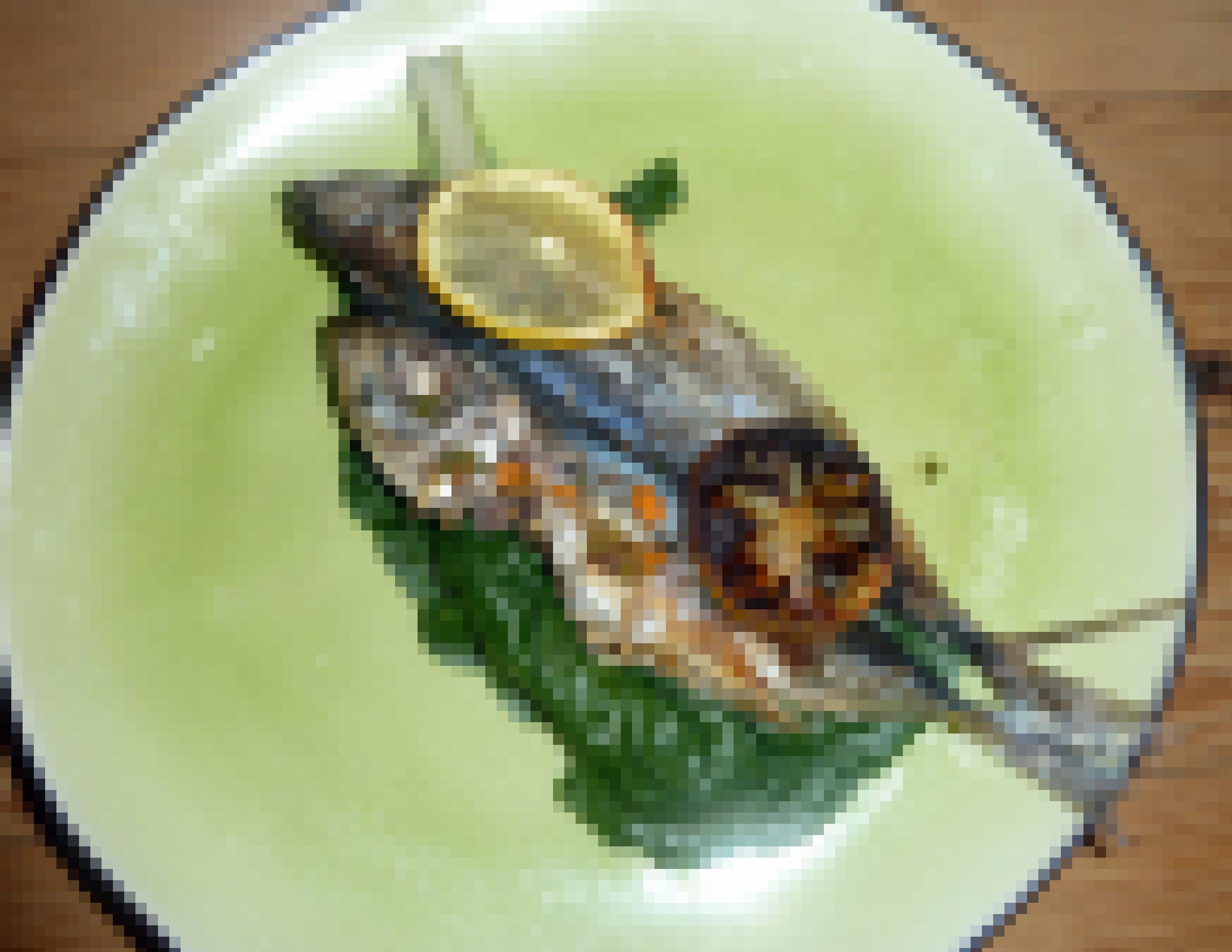 Auf dem Teller liegt Carapau - Markele nach mosambikanischer Art - zwei ganze Fische aus Spinat mit Zitronenscheiben garniert.