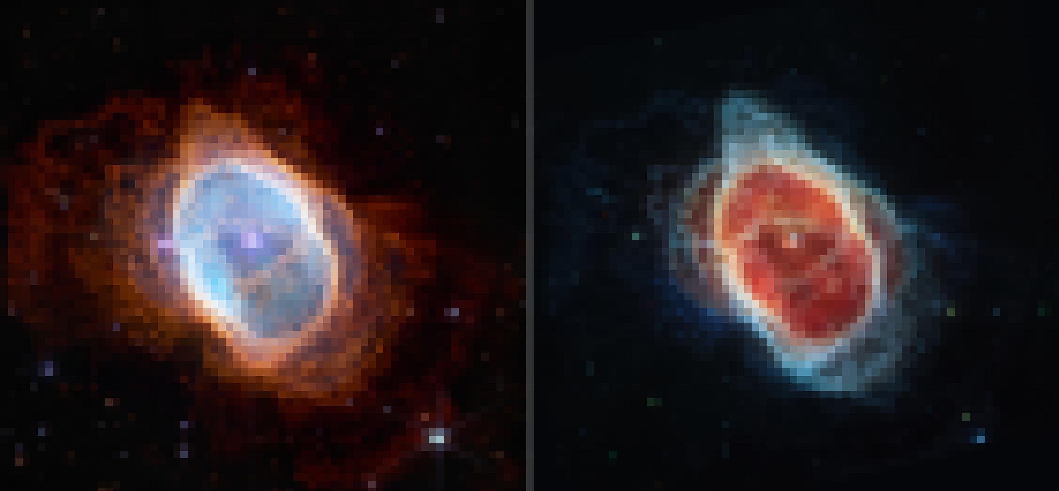 Links und rechts ist ein planerarischer Nebel zu sehen, der einen Zentralstern umgibt. Beide Bilder sind bei unterschiedlichen Wellenlängen im Infraroten aufgenommen und zeigen dasselbe Objekt.