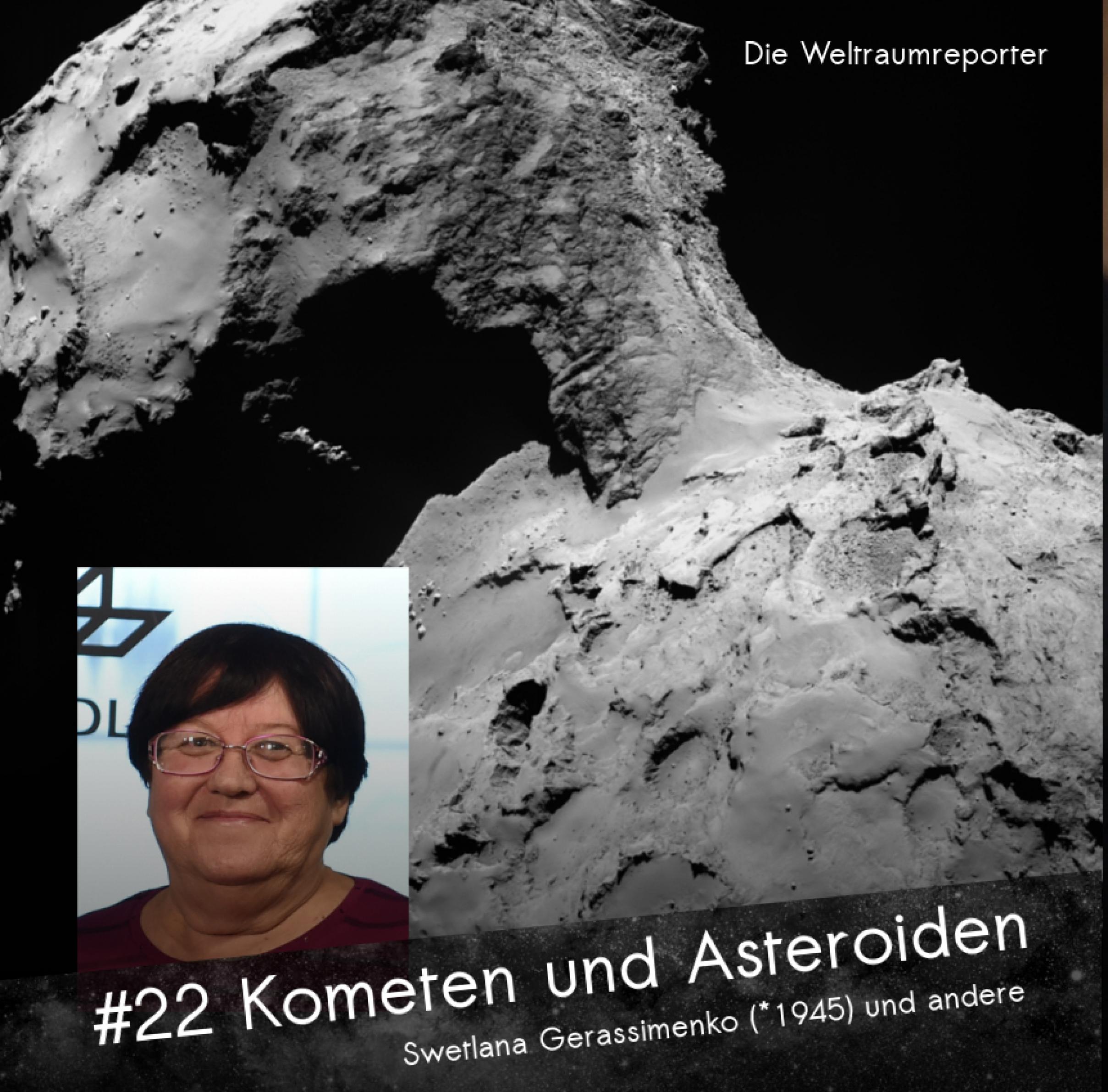 Der Komet 67P in Nahaufnahme mit schroffer Landschaft, dahinter schwarzes All, davor ein kleines Bild von Swetlana Gerassimenko