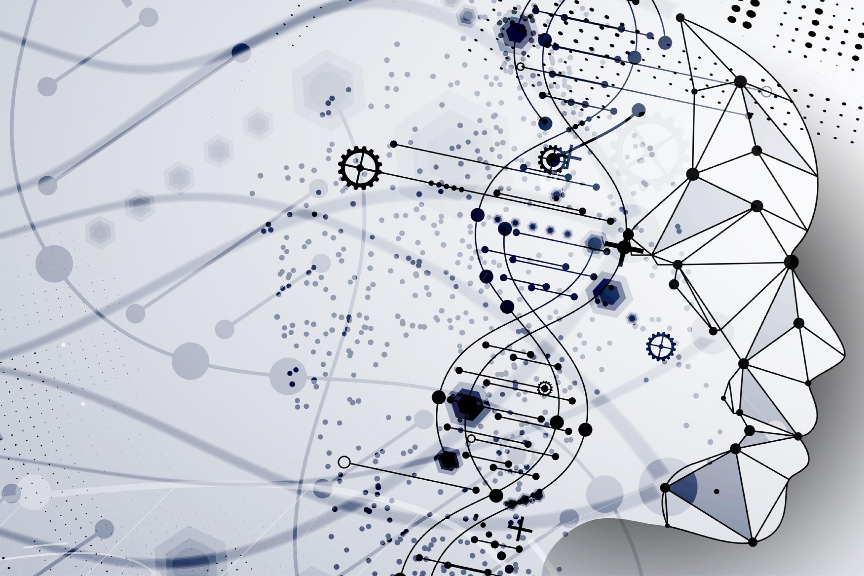 Eine Zeichnung symbolisiert, wie aus Daten Informationen über lebendige Prozesse werden. Im Zentrum eine skizzierte DNA, daneben ein Gesicht im Profil.