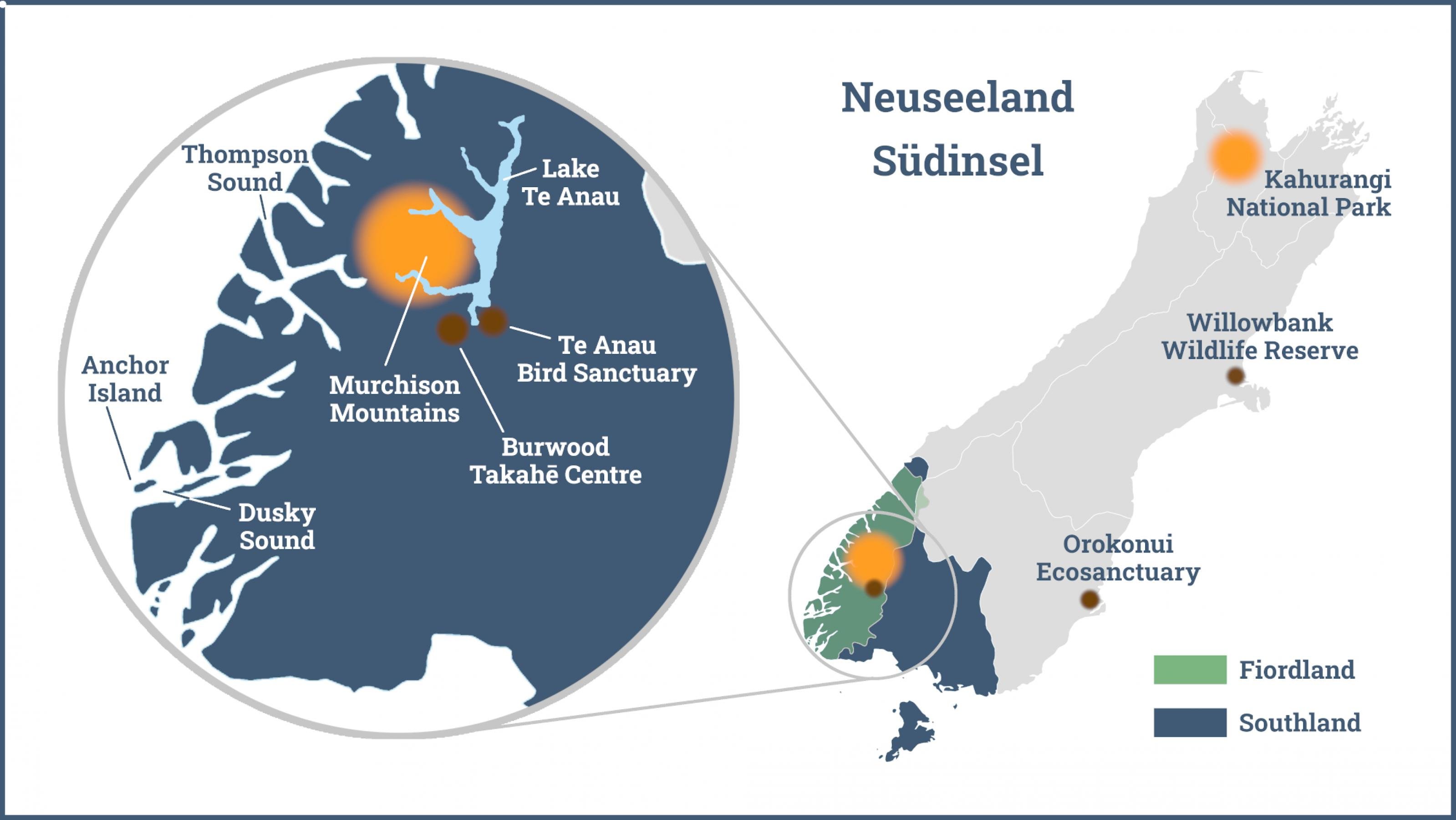 Karte von Neuseelands Südinsel, auf der verschiedene Gebiete farbig markiert und Verbreitungsgebiete der Takahē eingezeichnet sind.