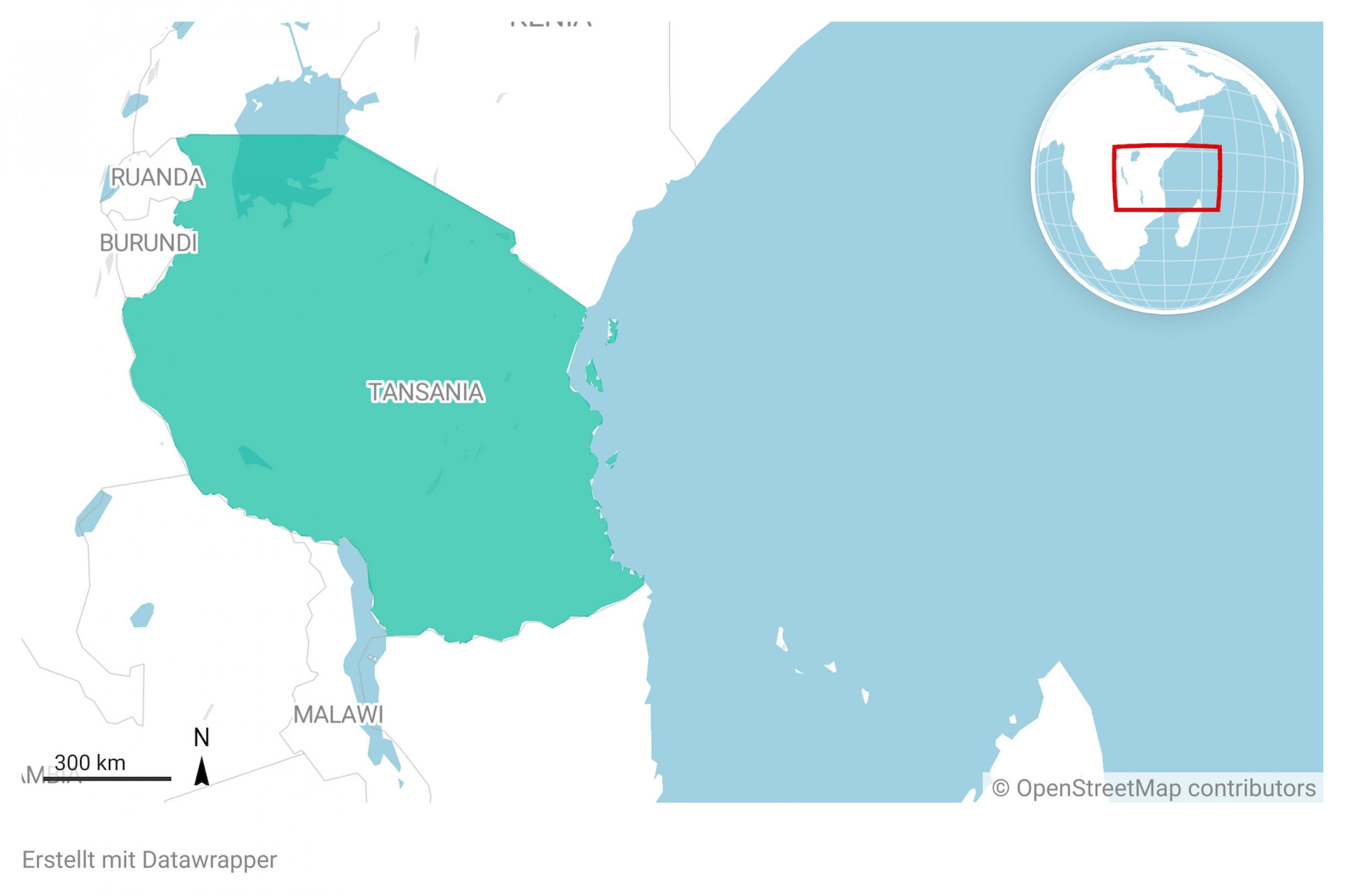 Ausschnitt aus einer Landkarte von Afrika. Das Land Tansania ist farblich hervorgehoben.