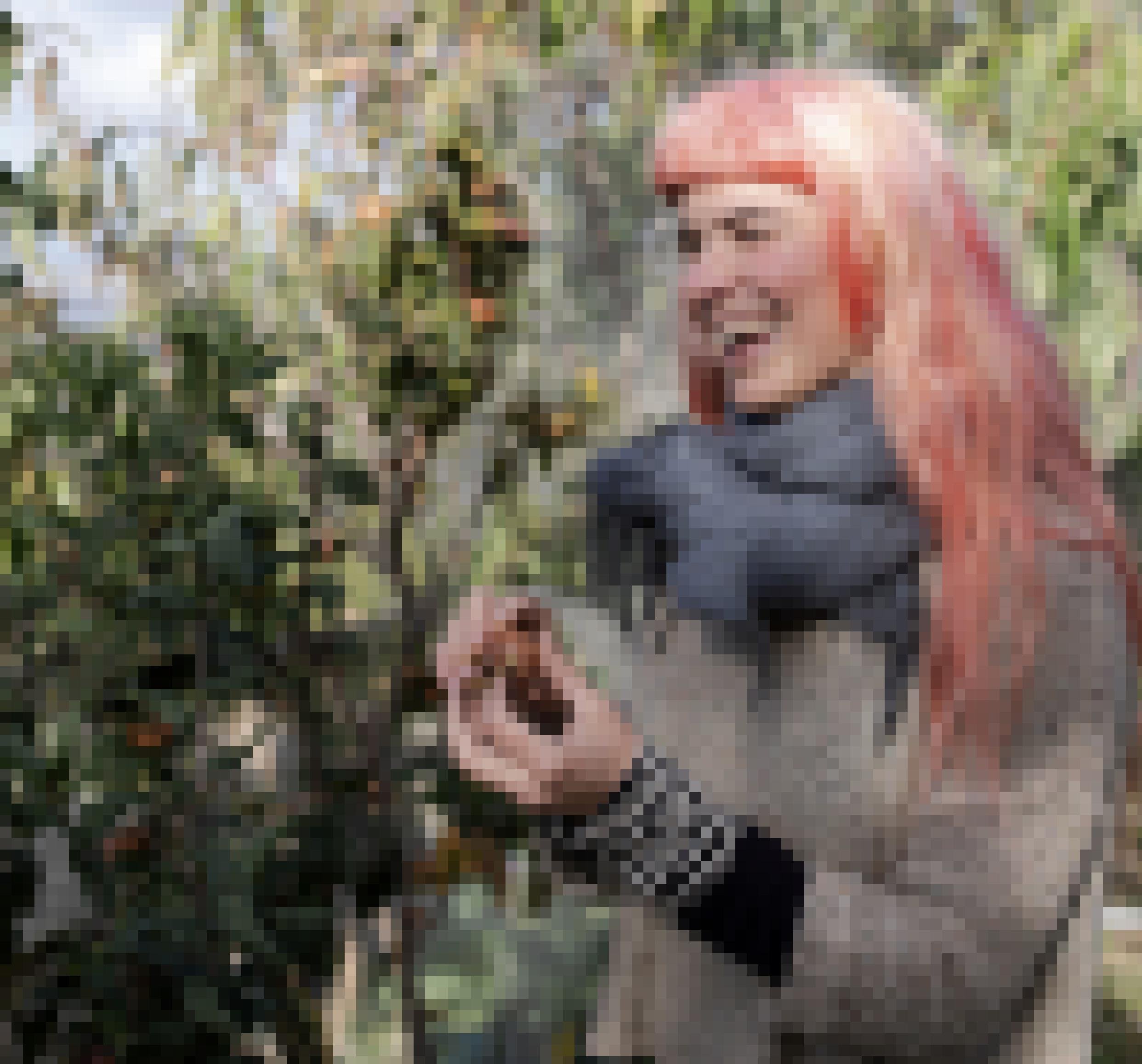 Hannah Moloney steht an einer Hecke in ihrem Garten in Hobart, 