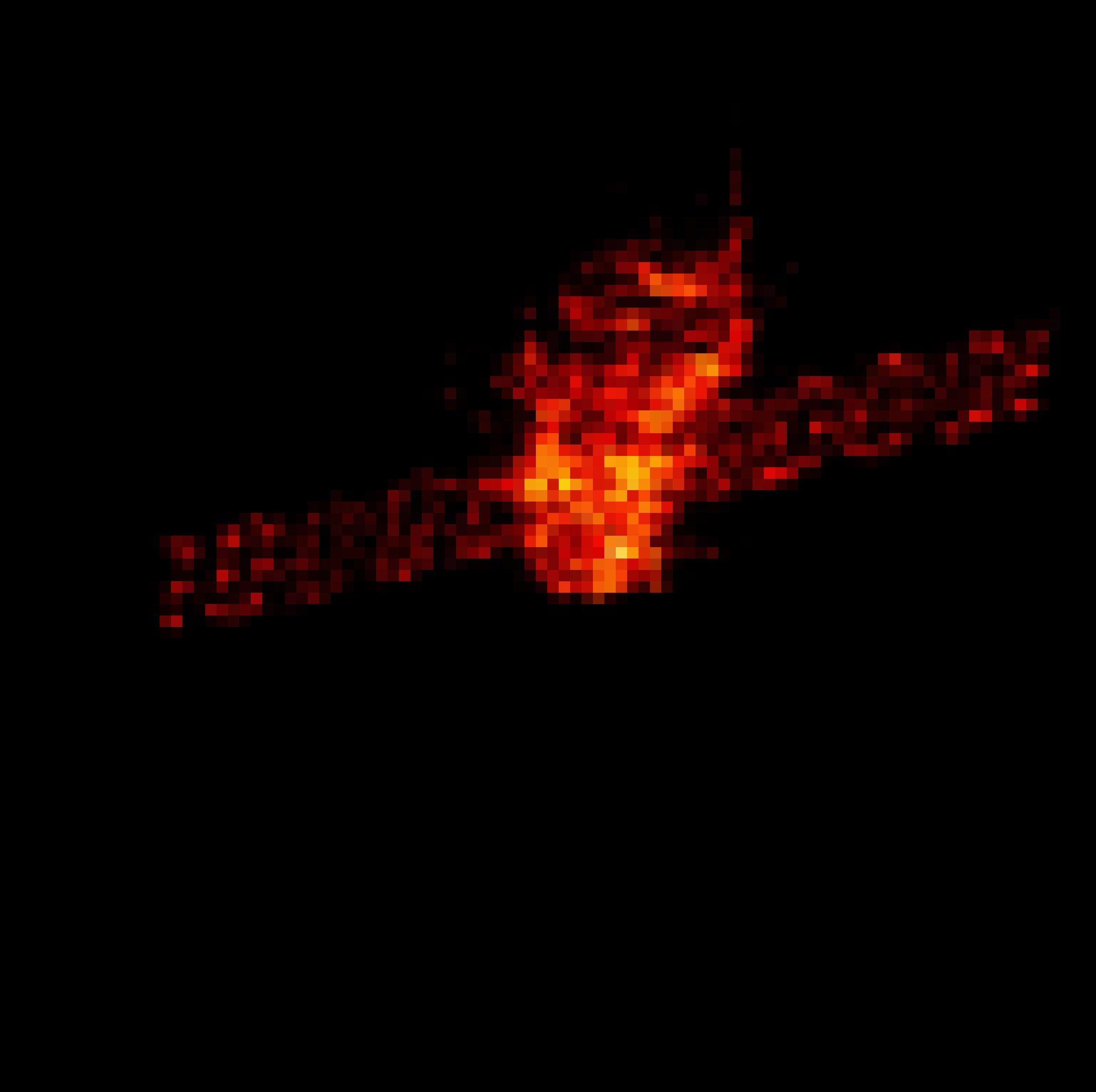 Eine orange gepunktete Radaraufnahme vor schwarzem Grund, die entfernt an eine Raumstation erinnert. Es ist die chinesische Station Tiangong-1, aufgenommen vom Weltraumradar Tira.