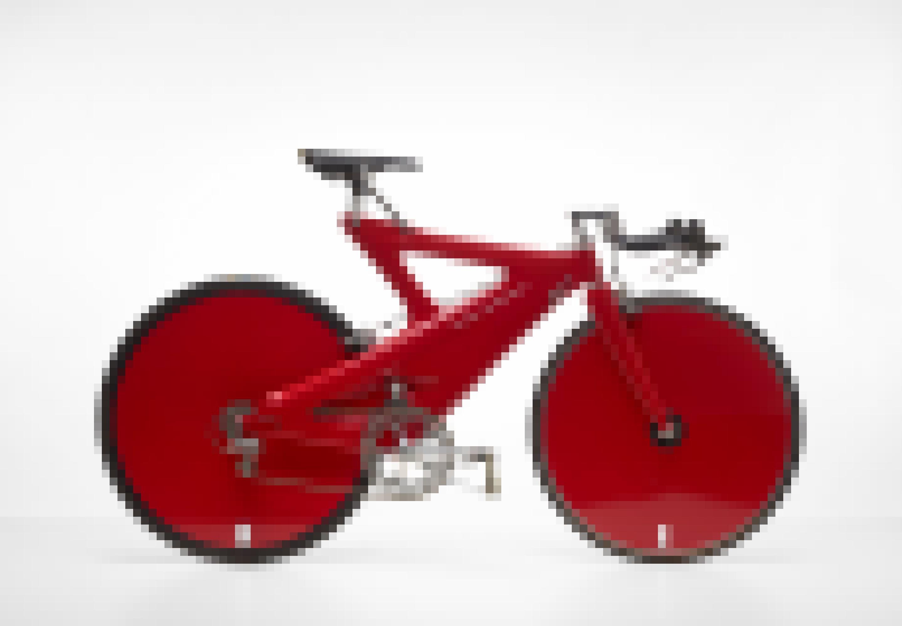 Futuristisches Staßenrennrad, dessen breiter Rahmen und Scheibenräder knallrote Farbe tragen.