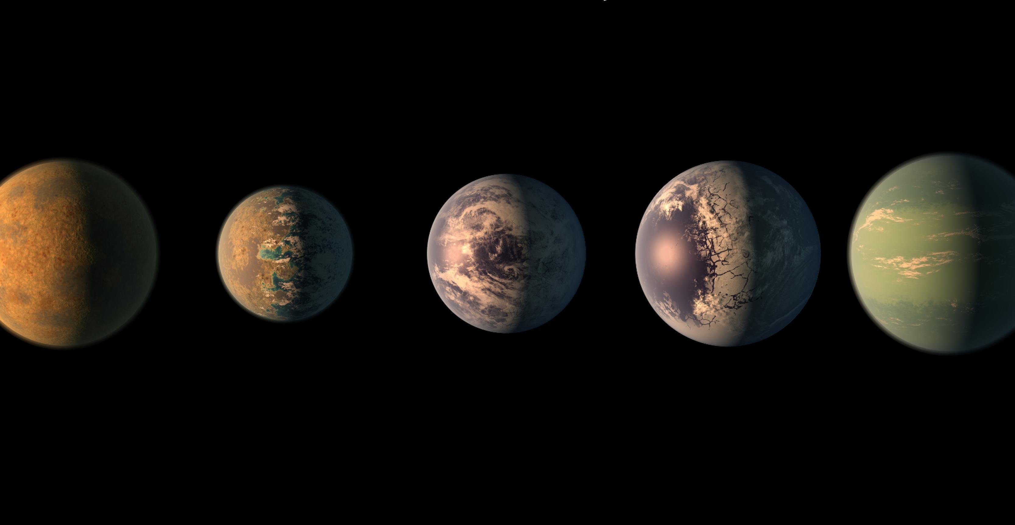 Zoom auf den dritten, vierten, fünften und sechsten Planeten von Trappist-1. Der mittlere – Trappist-1e – sieht in der NASA-Grafik der Erde am ähnlichsten.