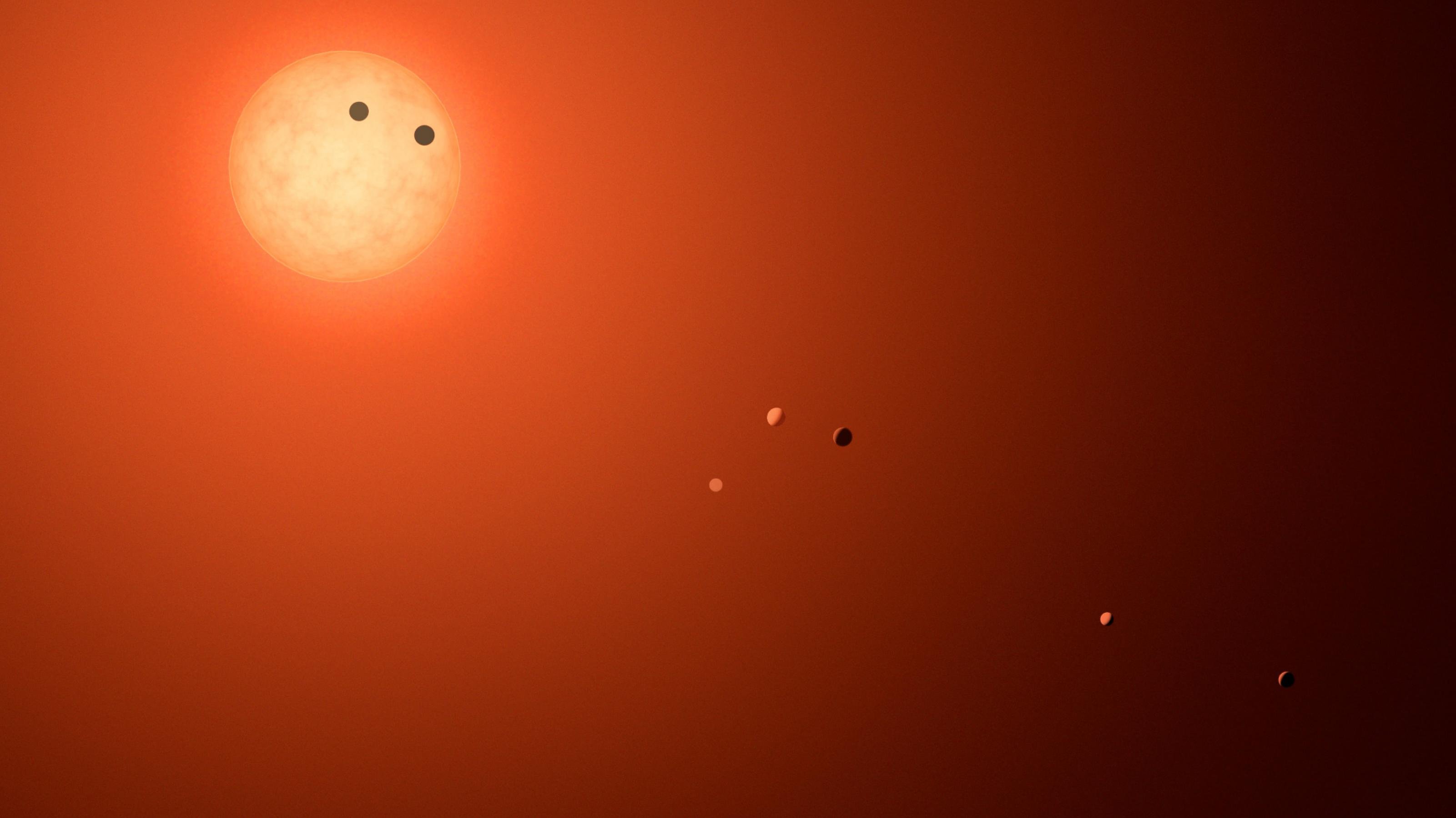Grafik von einem sehr roten Stern und den sieben als aufgereihte Lichtpunkte erkennbaren Planeten