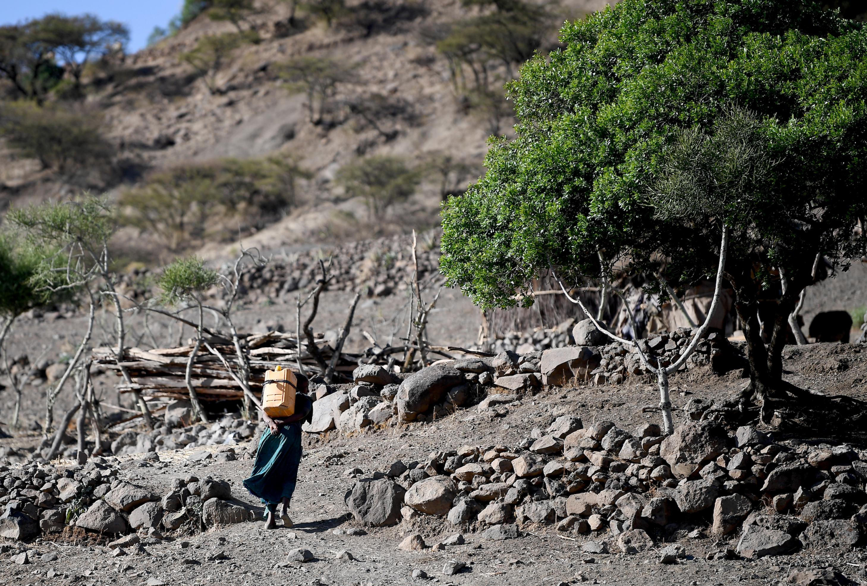 Lalibela, Äthiopien: Ein Mädchen trägt in einer ausgetrockneten Landschaft einen Kanister mit Wasser auf ihrem Rücken über ein Feld zu ihrem Zuhause.