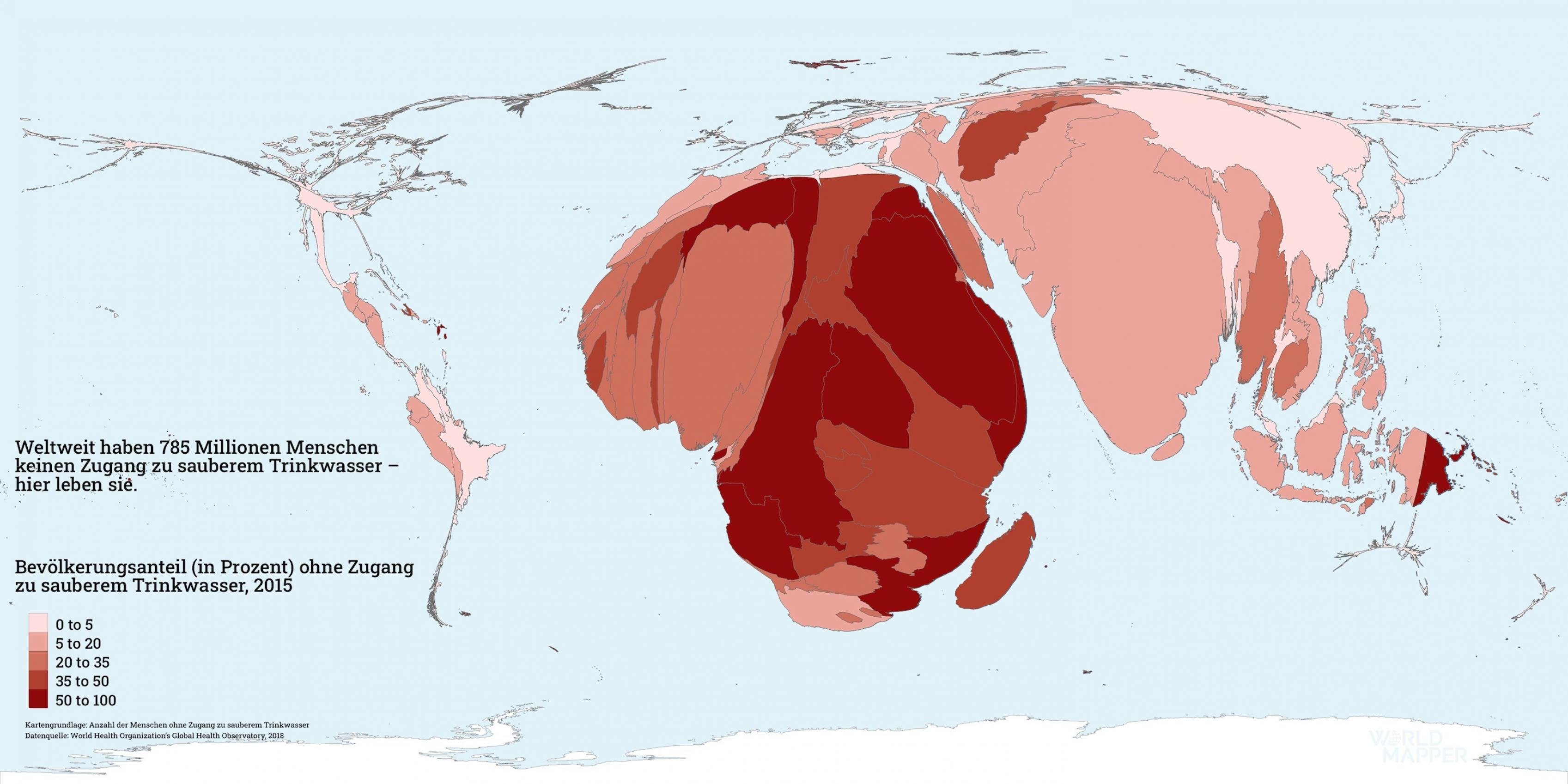 Auf der Weltkarte ist besonders Afrika übergroß zu sehen, während Nord- und Südamerika sowie Europa sehr klein dargestellt sind.