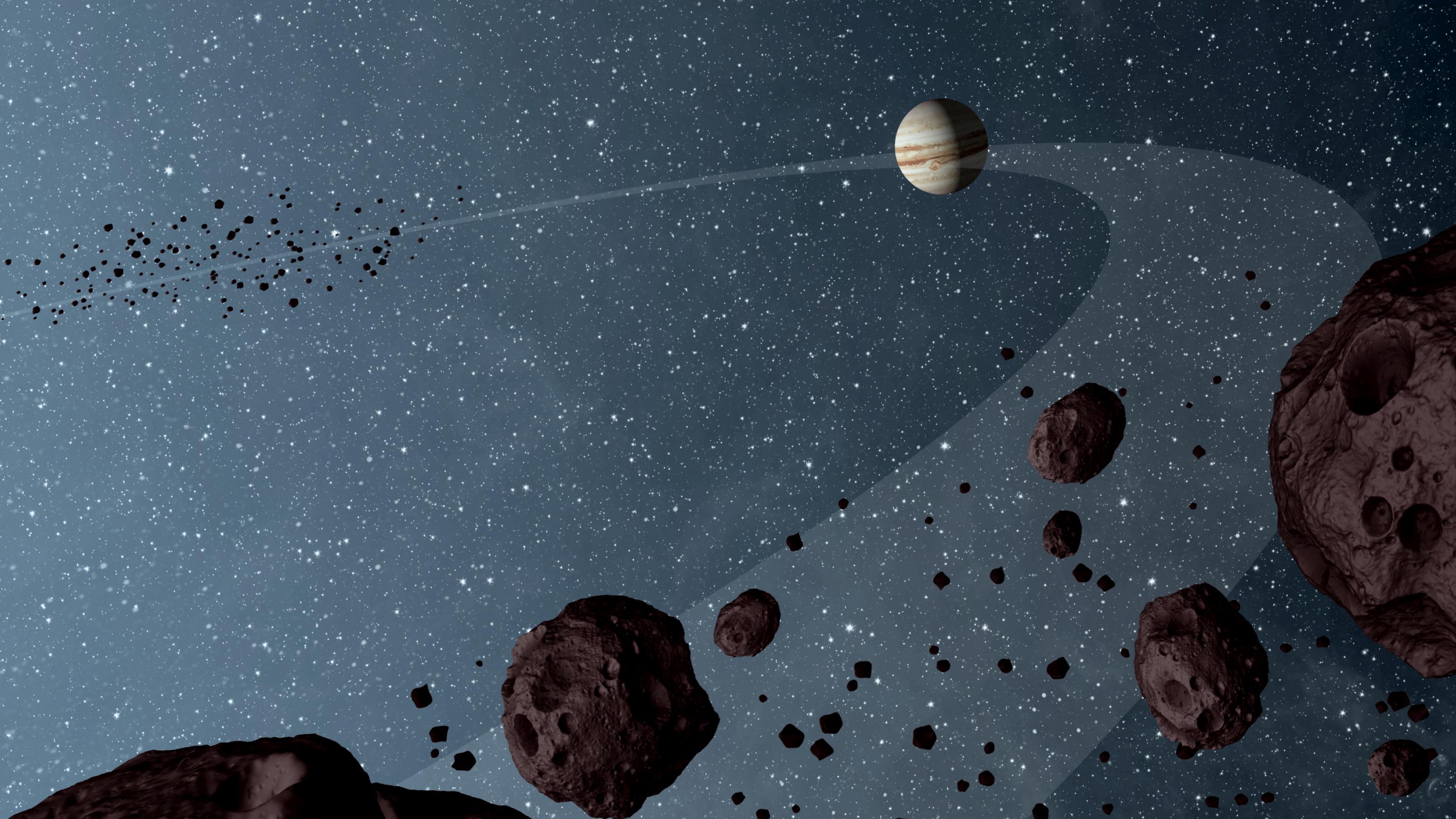 Grafik, die einen Teil von Jupiters Umlaufbahn um die Sonne als Straße visualisiert, auf der vor und nach dem Planeten wolkenartig die Trojaner voraus- und hintendrein fliegen.