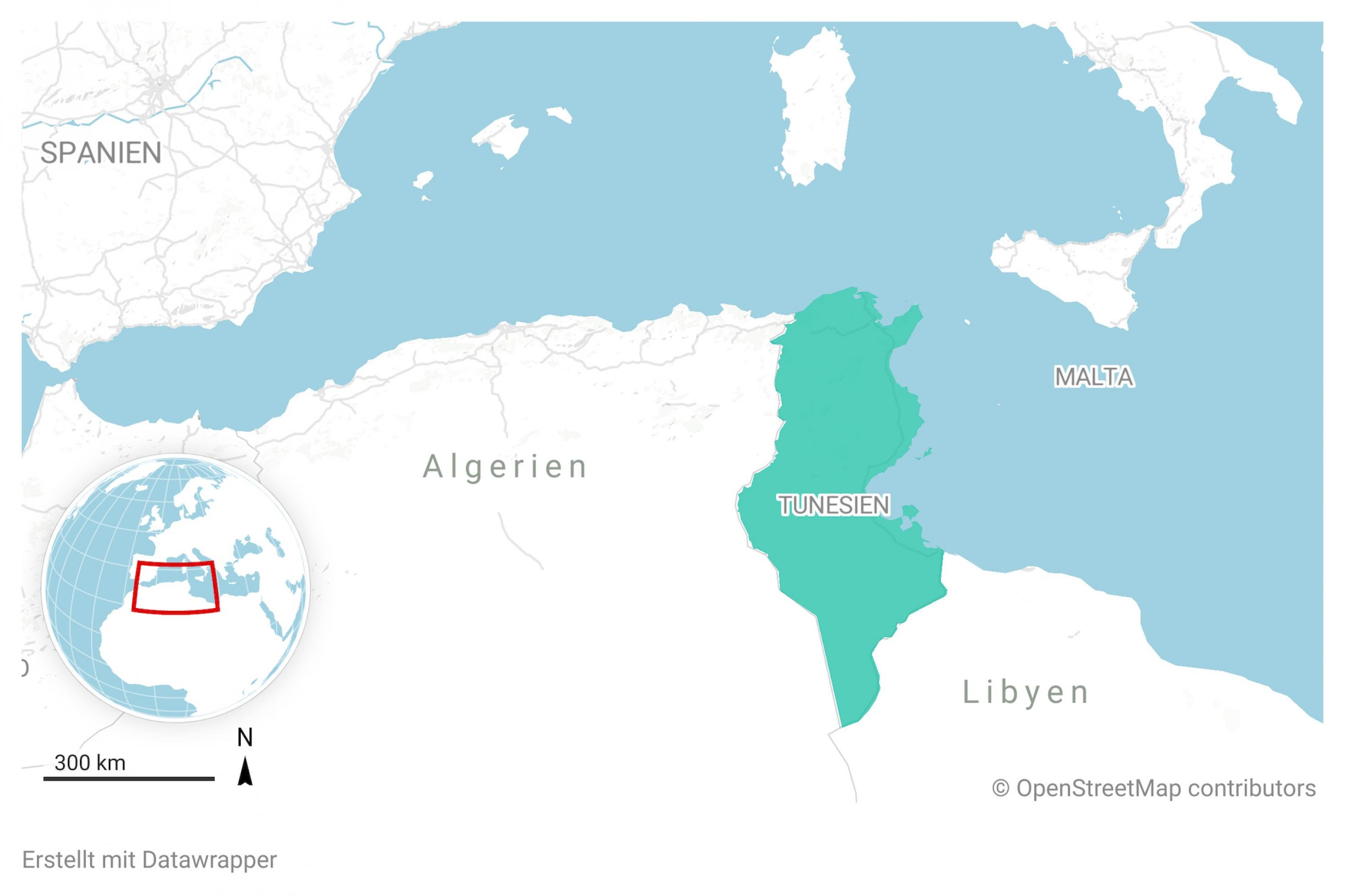 Ausschnitt aus einer Landkarte von Afrika. Das Land Tunesien ist farblich hervorgehoben.