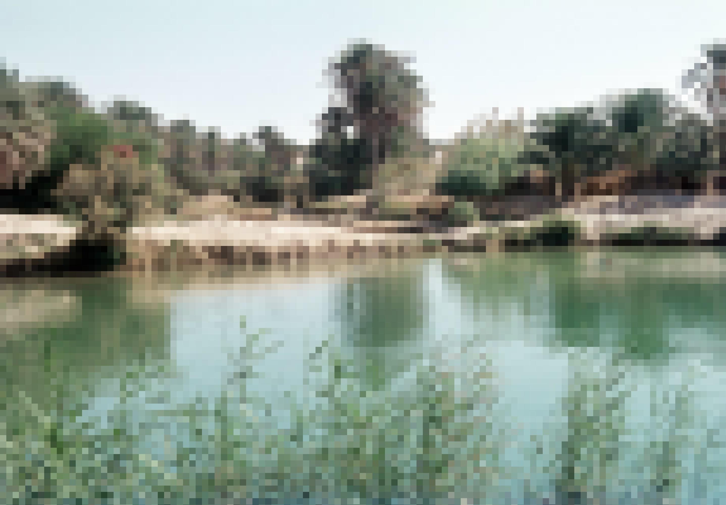 Historisches Foto der Oase von Kebili. Die Wasserquelle bildet einen kleinen See, im Hintergrund sind Palmen zu sehen.