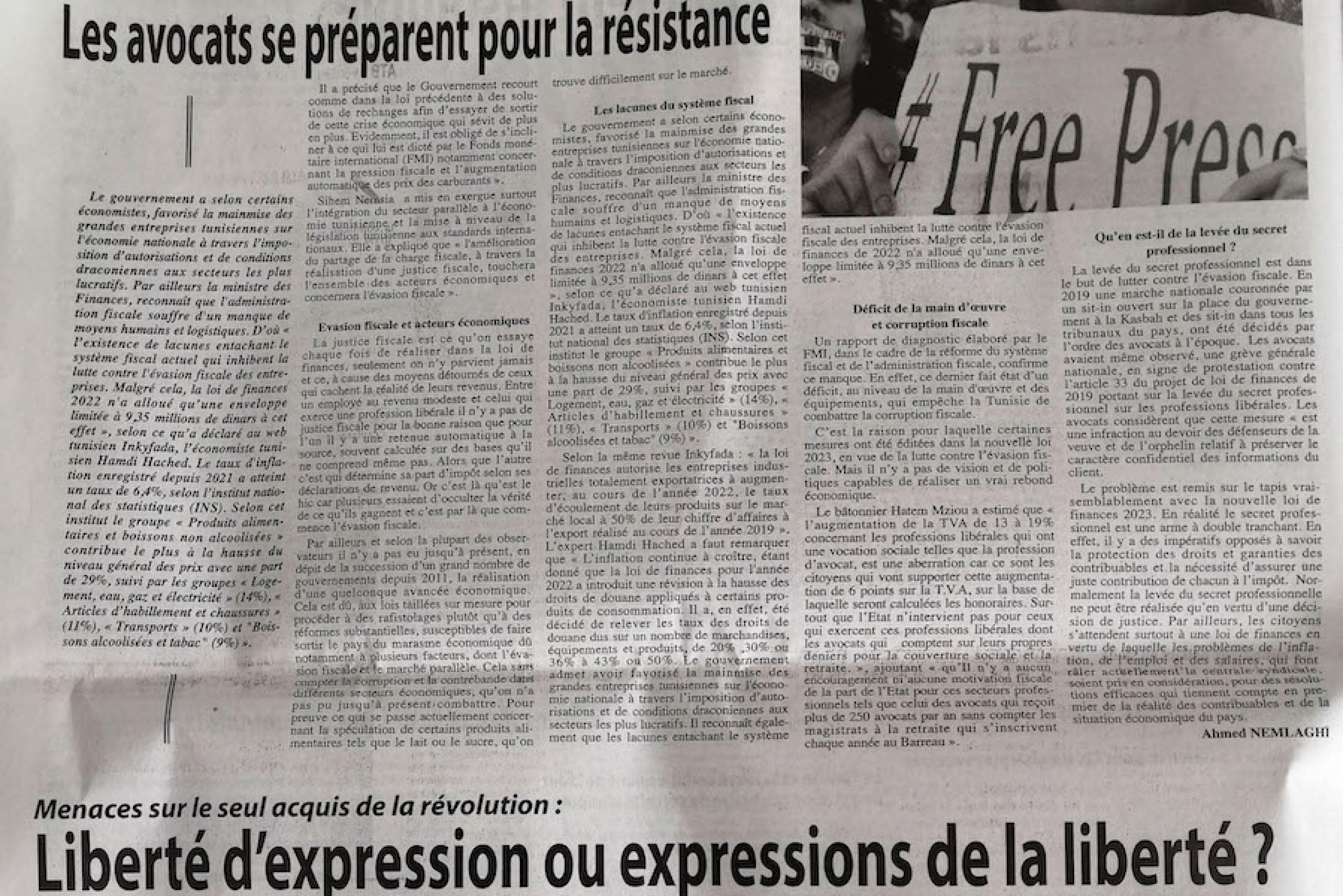 Bild der Seite einer tunesischen Zeitung mit einem Artikel zur Pressefreiheit