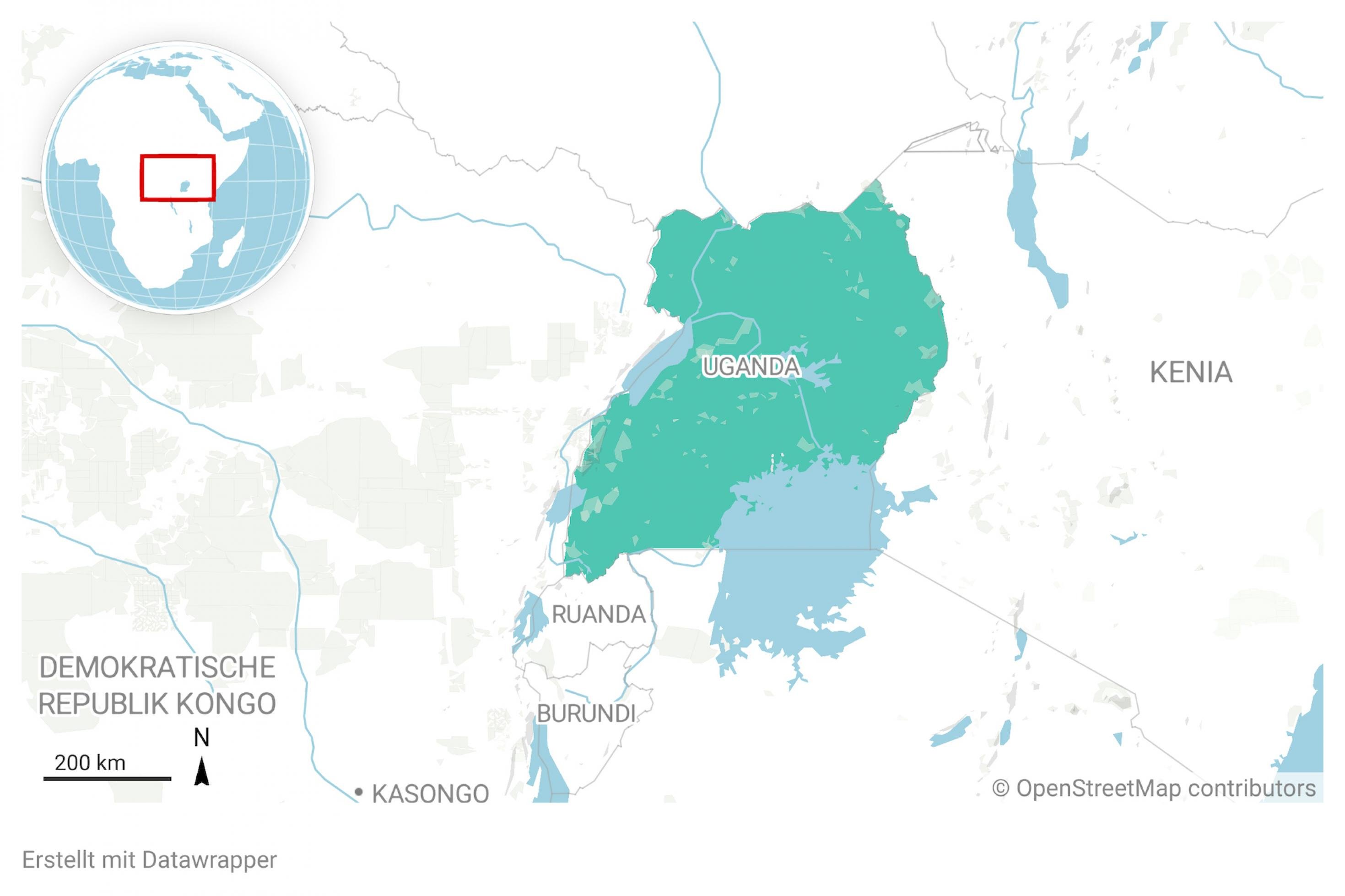 Ausschnitt aus einer Landkarte von Afrika. Das Land Uganda ist farblich hervorgehoben.