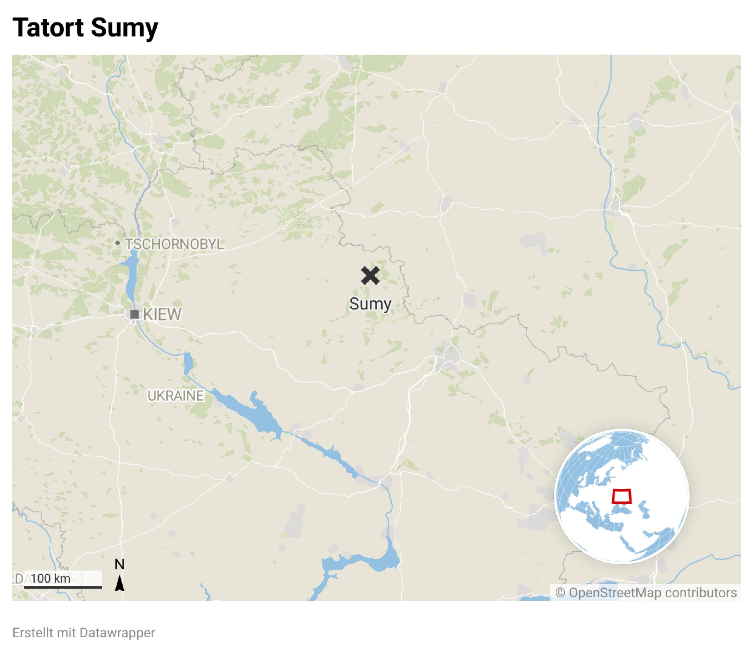 Landkarte mit der Ortschaft Sumy östlich von Kiew nahe der russischen Grenze