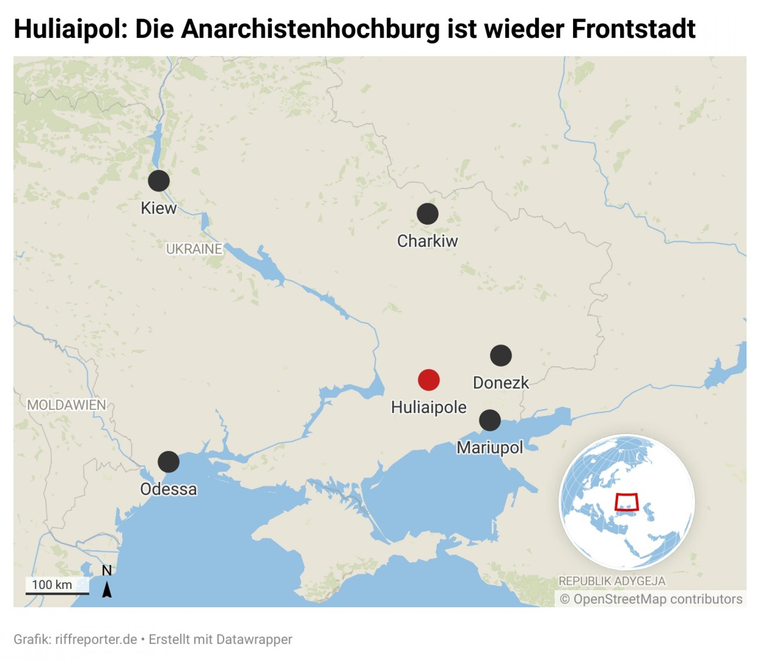 Landkarte der Ostukraine zeig Huliaipole zwischen Donezk und Mariupol