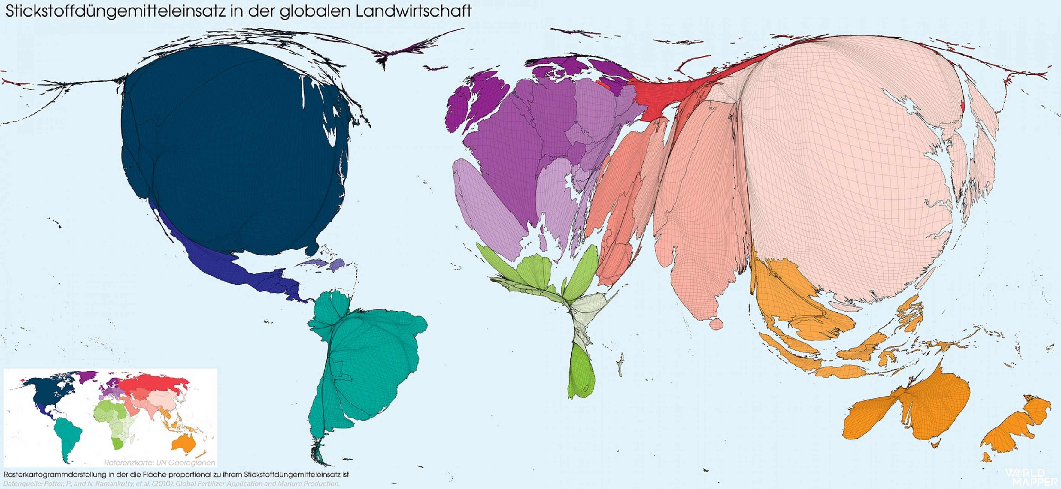 Weltkarte mit Stickstoffeinsatz in absoluten Mengen