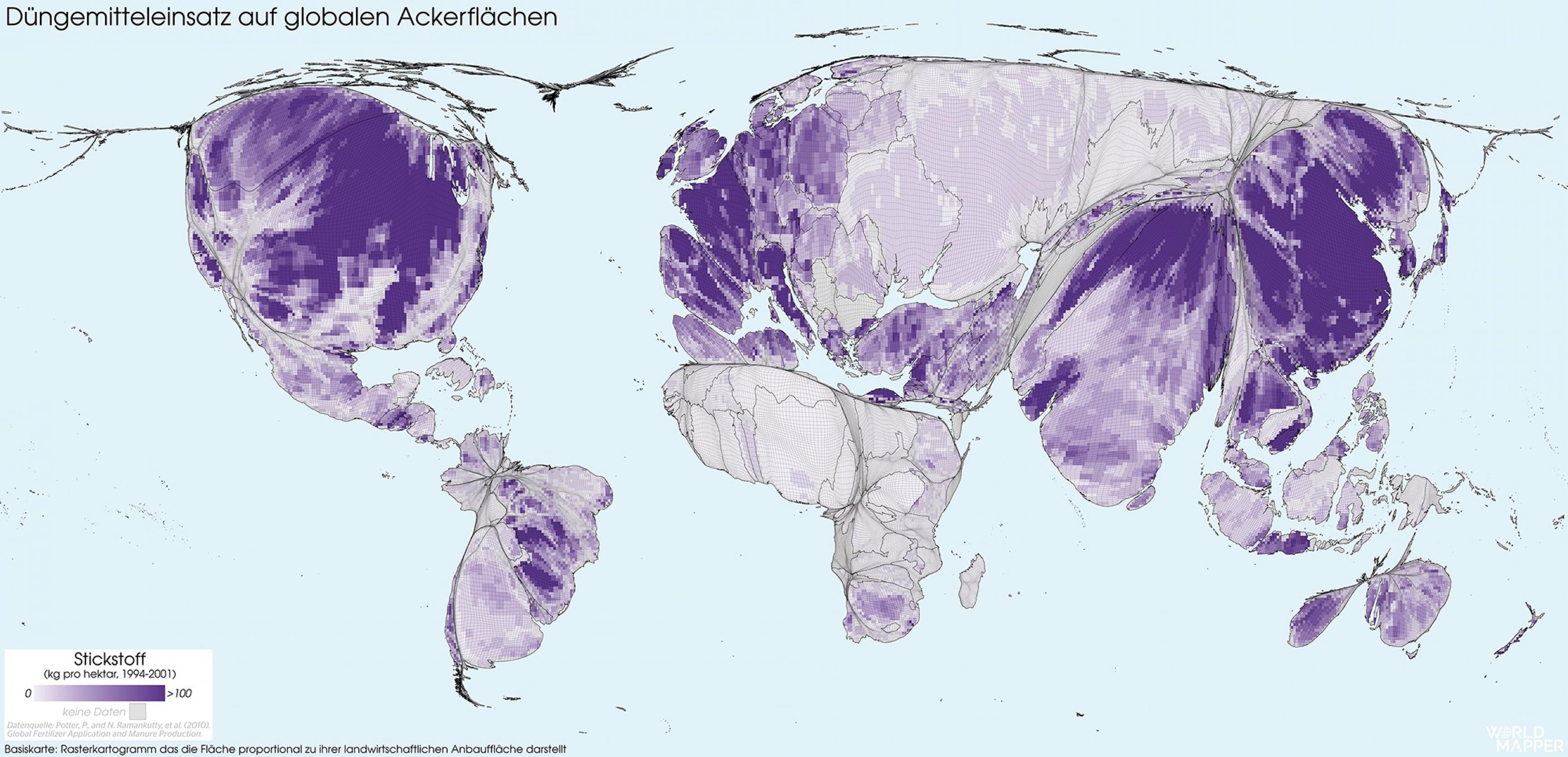 Weltkarte auf welcher der Verbrauch von Stickstoffdünger dargestellt wird.
