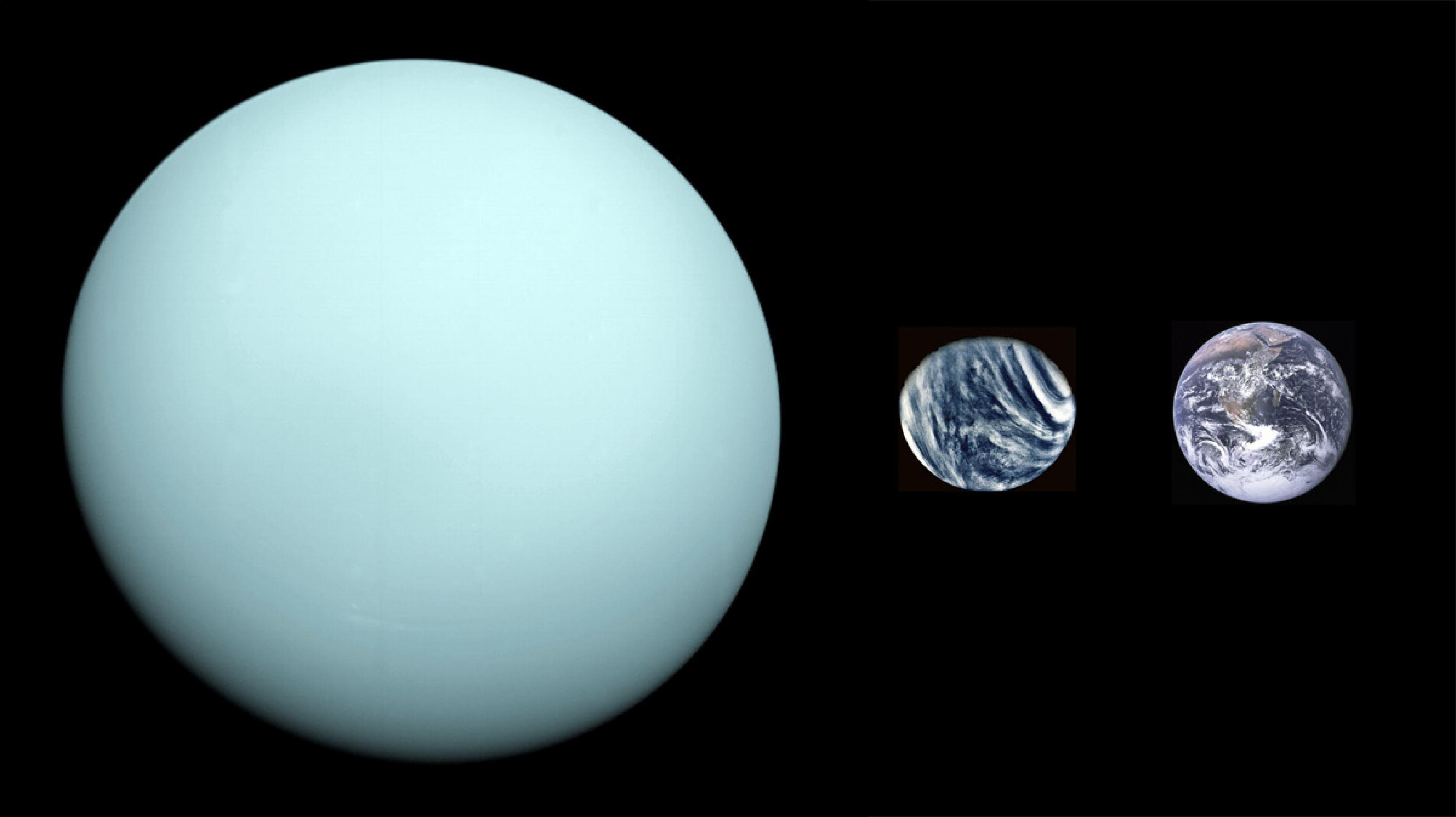Die drei Planeten Uranus, Venus und Erde im Größenvergleich