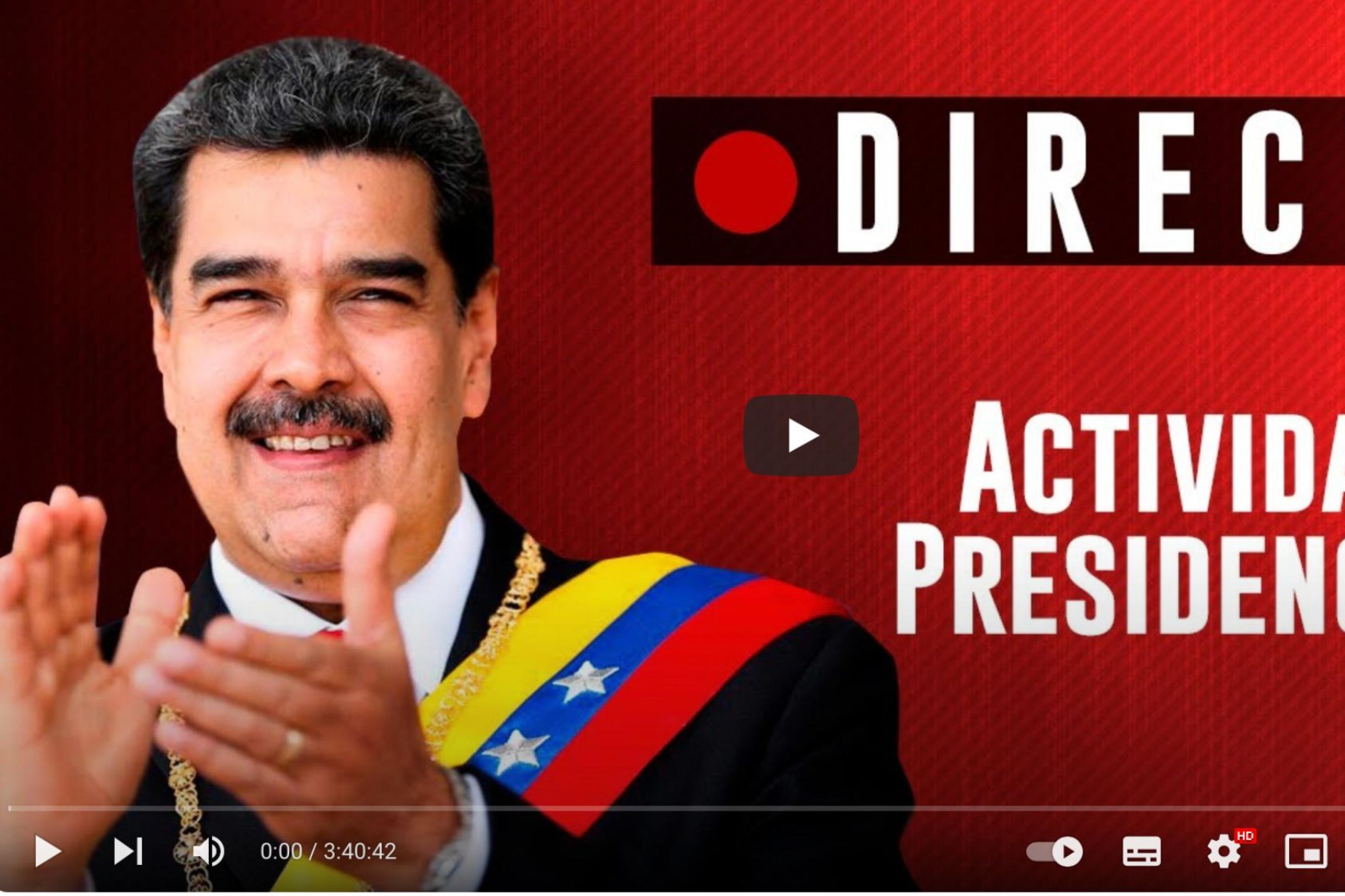 Im Vorschau-Brustbild klatscht er das Publikum an. Er hat eine Schärpe mit der venezolanischen Fahne und Amtskette umgehängt. Daneben steht auf Spanisch: „Live“ und „Aktivität des Präsidenten“.