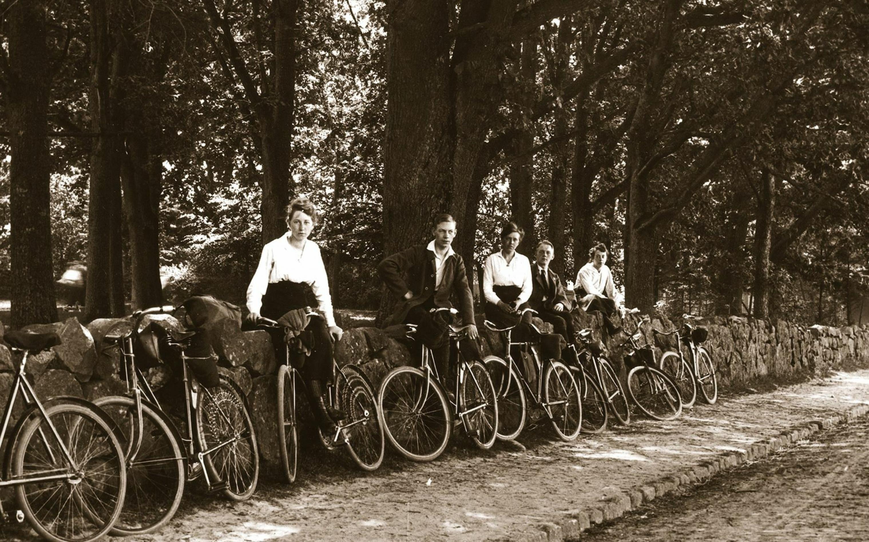 Frauen und Männer sowie etliche Fahrräder lehnen an der Mauer neben einer baumgesäumten Straße außerhalb von Hamburg.