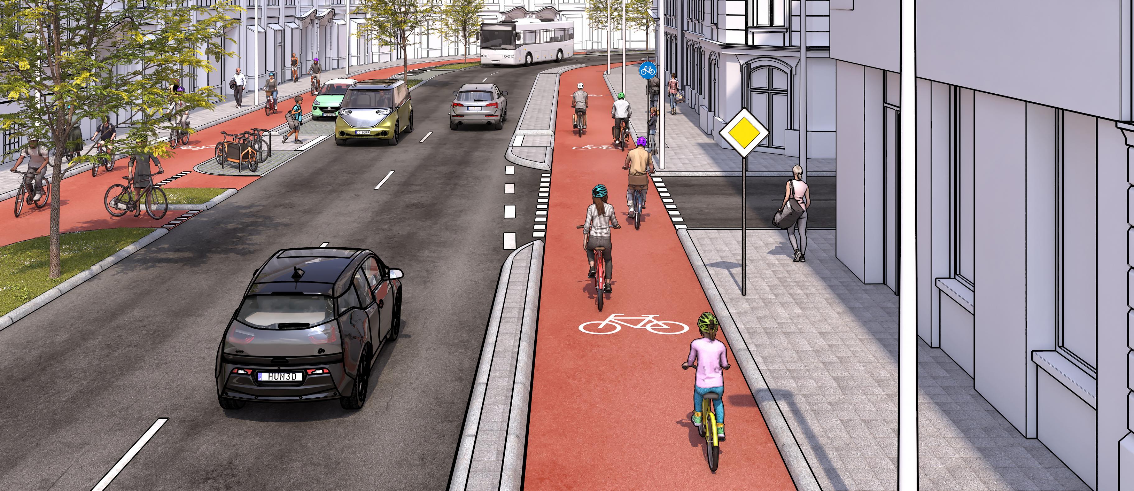 Straße mit nur wenigen Parkplätzen, der Platz wird für breite Radwege genutzt.