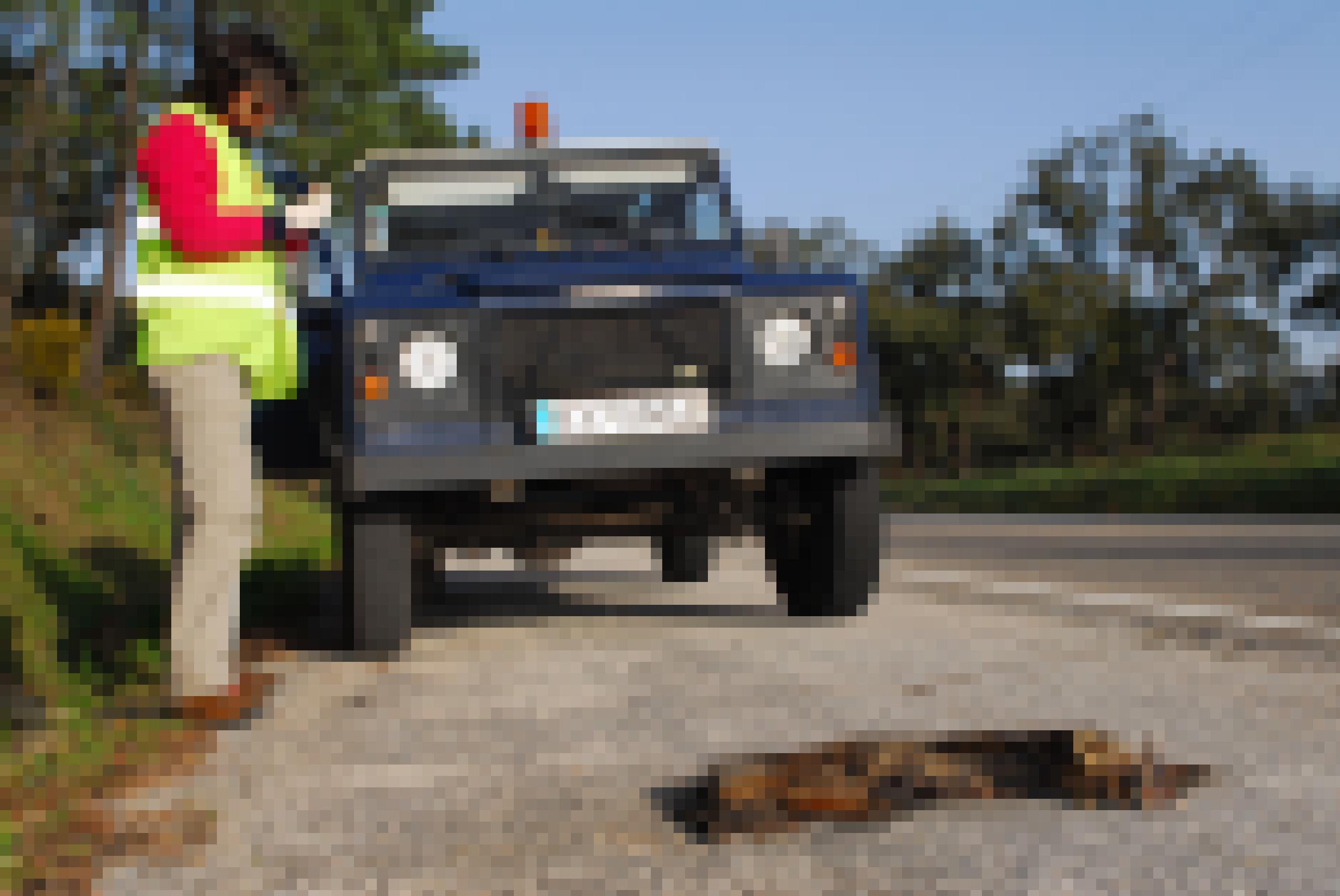 Studienautorin Clara Grilo steht neben einem blauen Landrover in einer orangen Warnweste am Straßenrand und steckt eine Probe in eine kleine Tüte. Vor dem Wagen liegt ein überfahrenes Säugetier, wahrscheinlich ein Schakal.