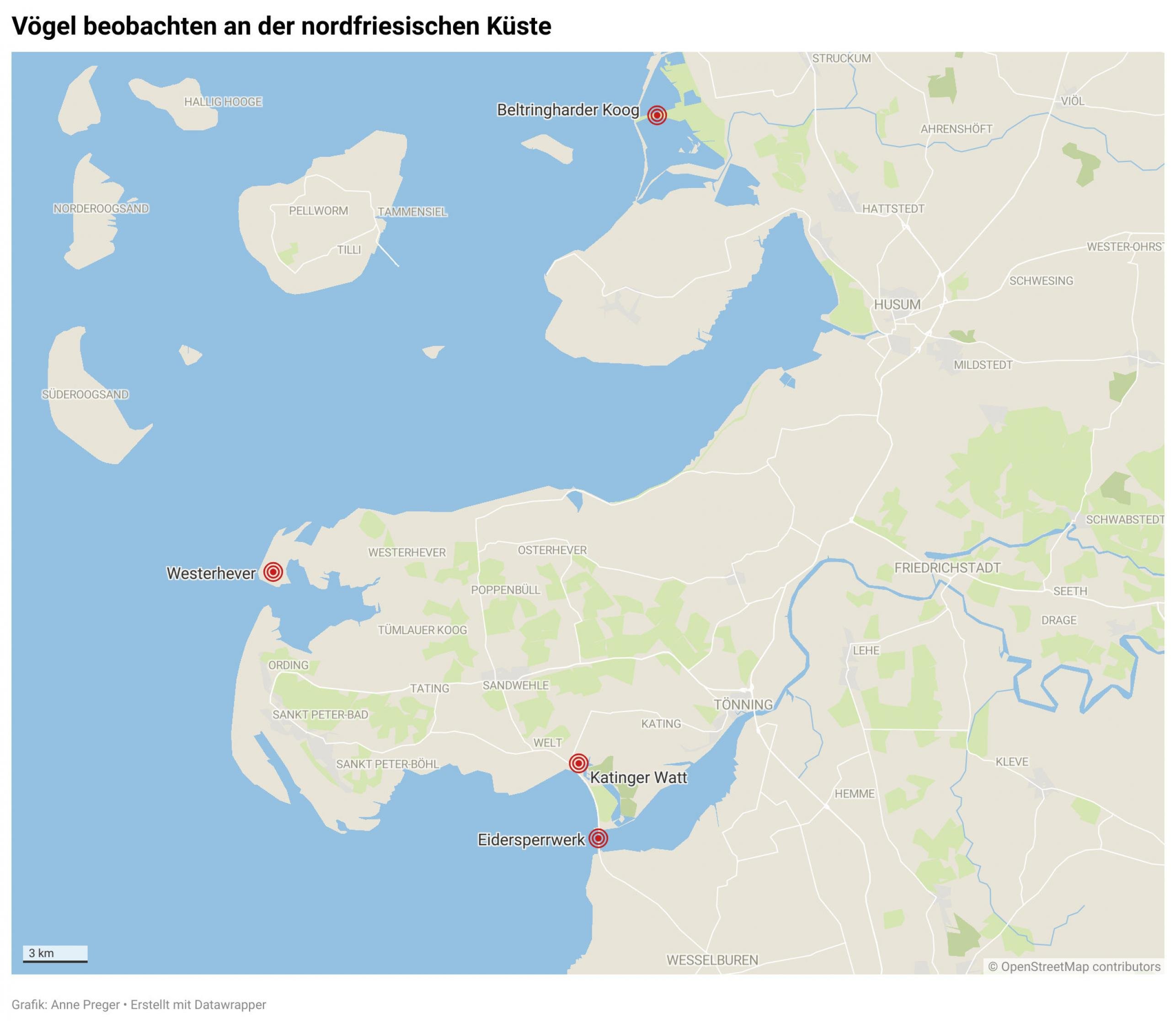 Eine Karte der schleswig-holsteinischen Nordseeküste, mit vier eingezeichneten Orten.