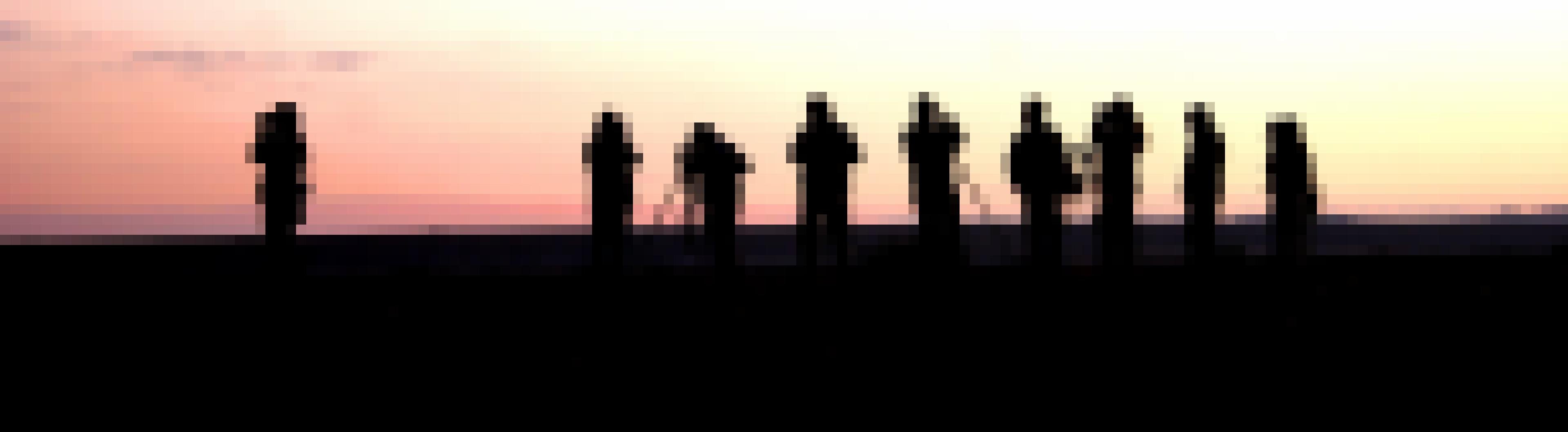 Eine Gruppe Vogelbeobachter im Morgengrauen, nur als Silhouetten erkennbar.