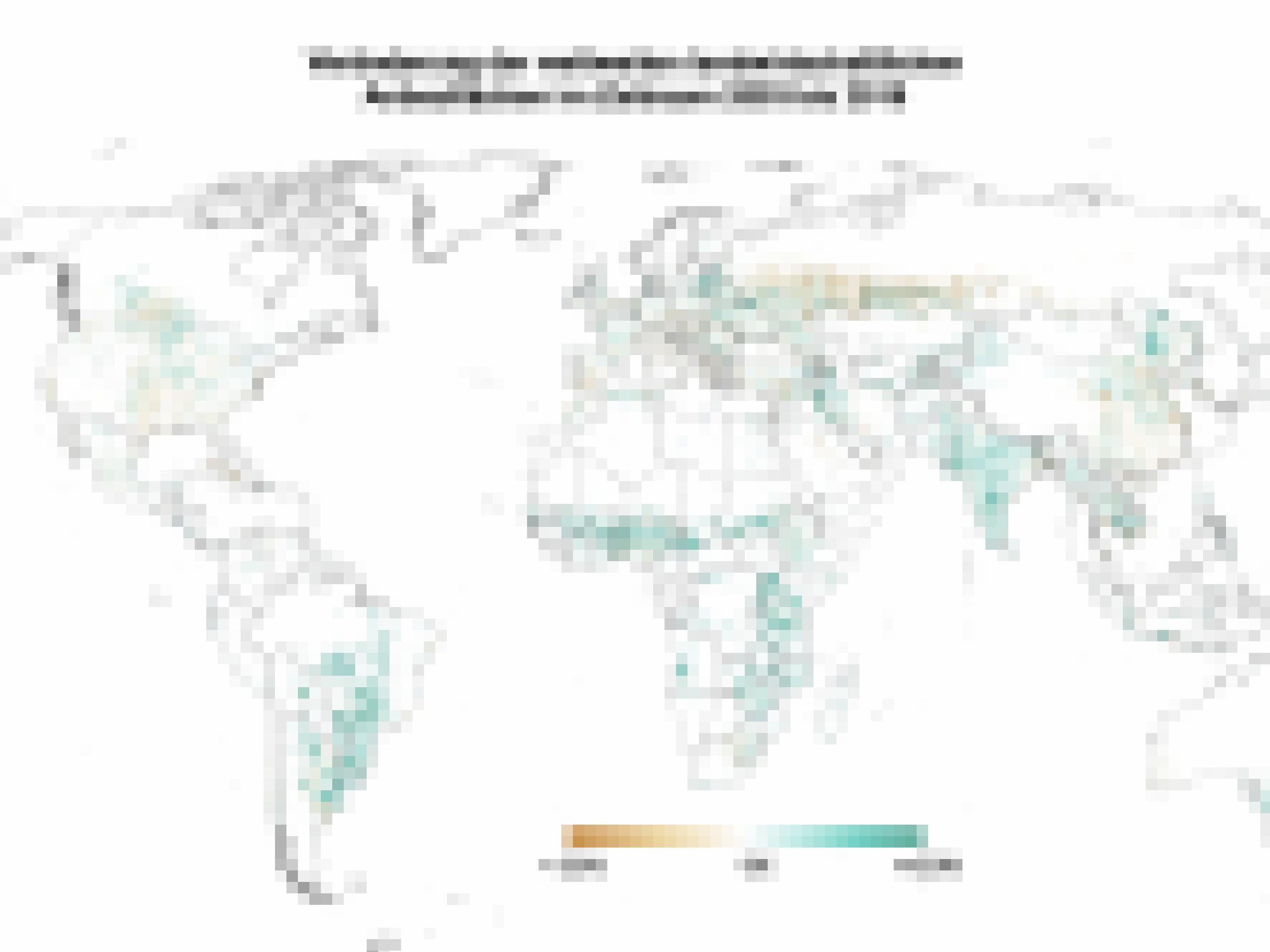 Weltkarte, die eine deutliche Zunahme von Anbauflächen vor allem in Südamerika und Afrika zeigt.