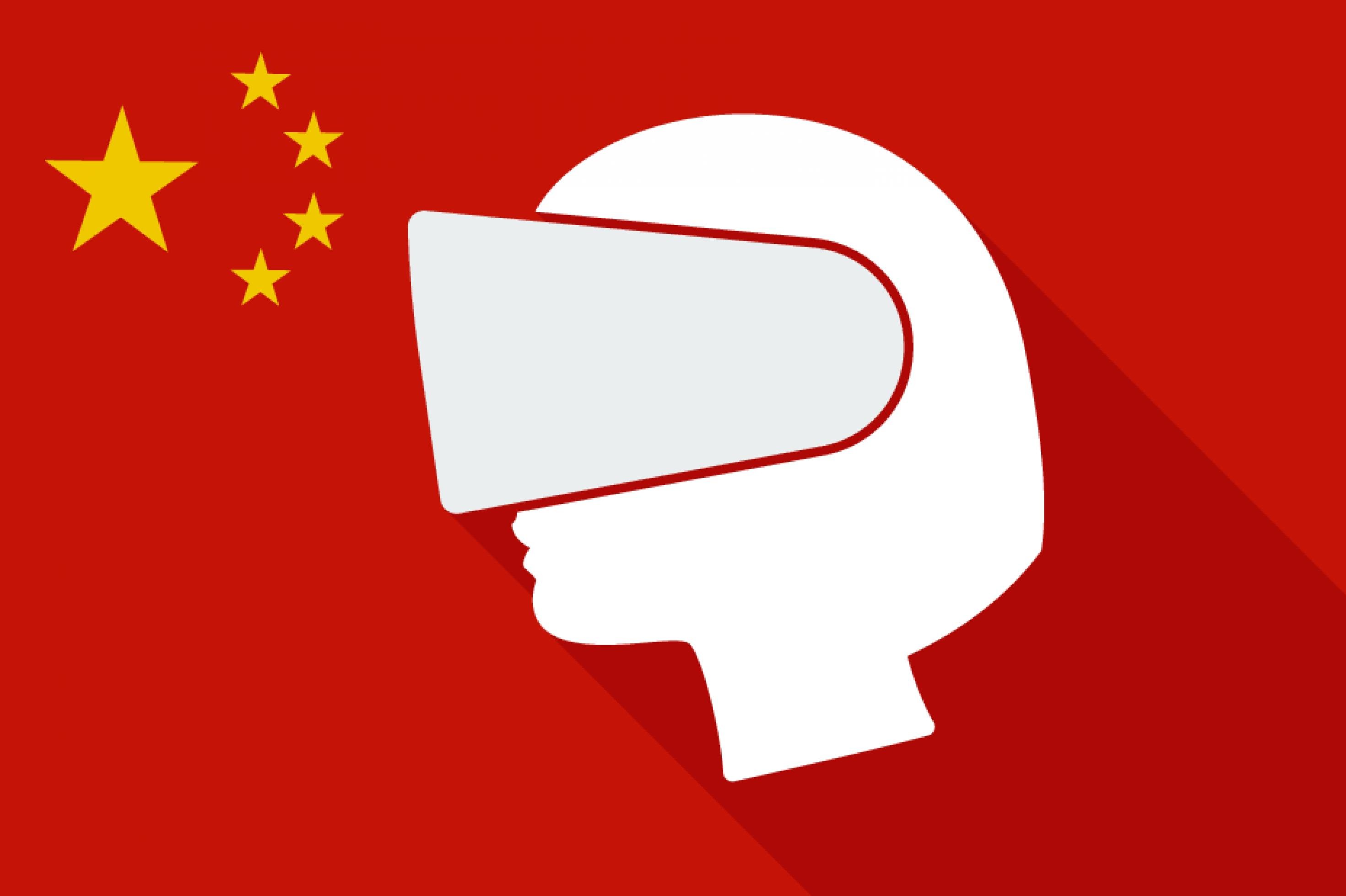 Symbolbild: Chinesische Flagge mit dem weißen Umriss eines Kopfes im Profil, der eine Virtual-Reality-Brille trägt.