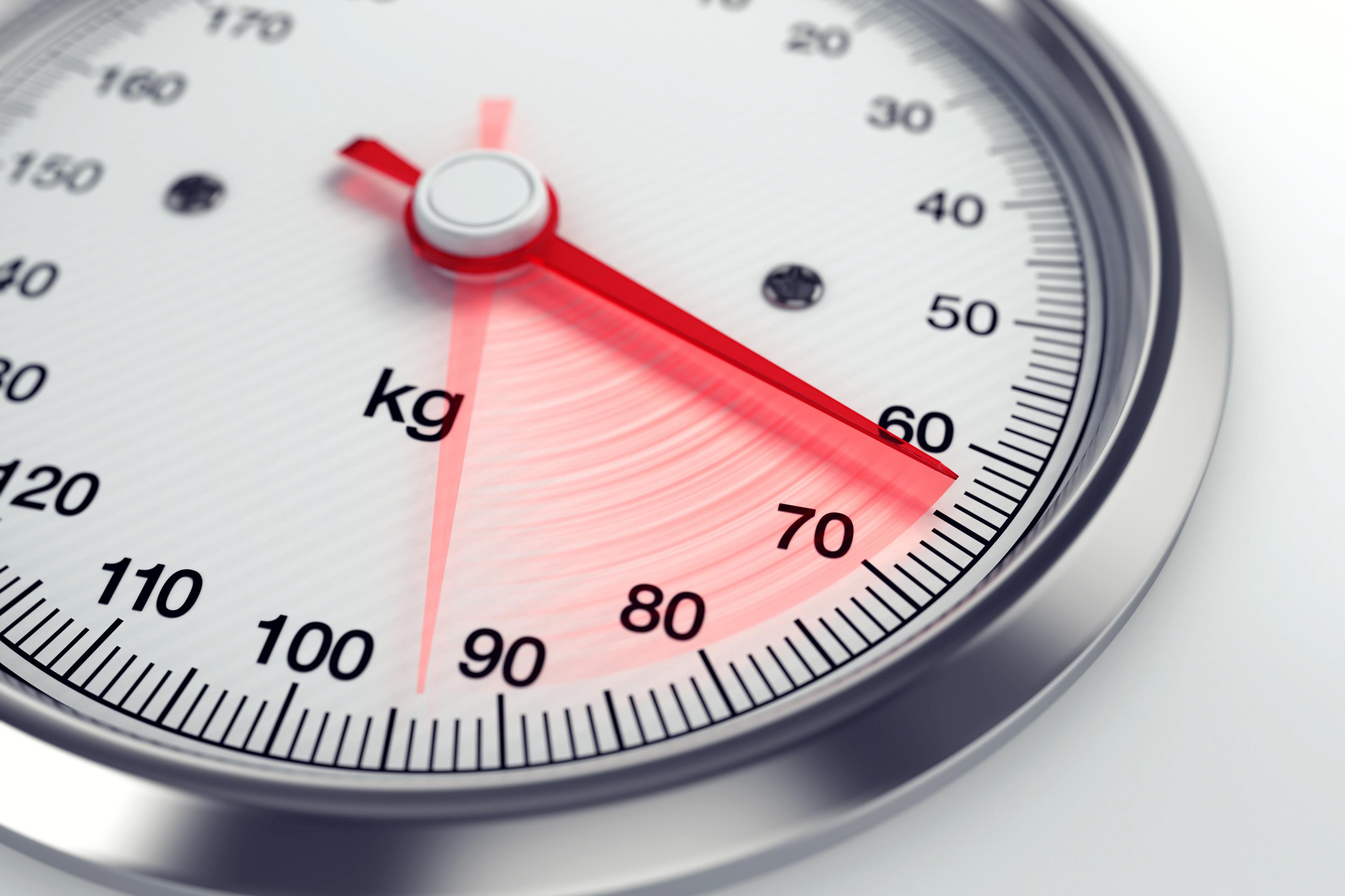 Eine rote Nadel auf der Skala einer Waage deutet einen Gewichtsverlust an.