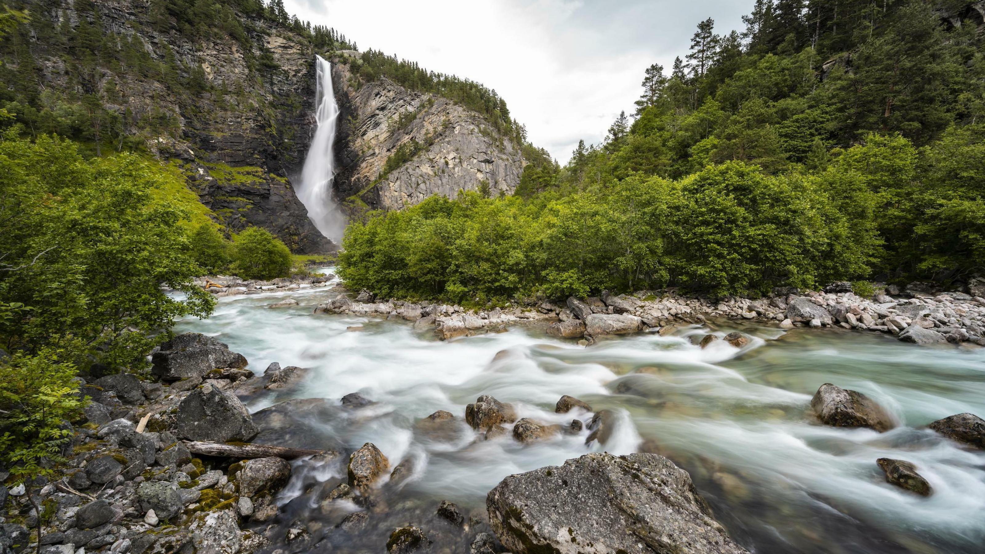 In einer kargen Landschaft mündet ein Wasserfall in einen wilden Fluss, der von Ufervegetation eingesäumt ist.