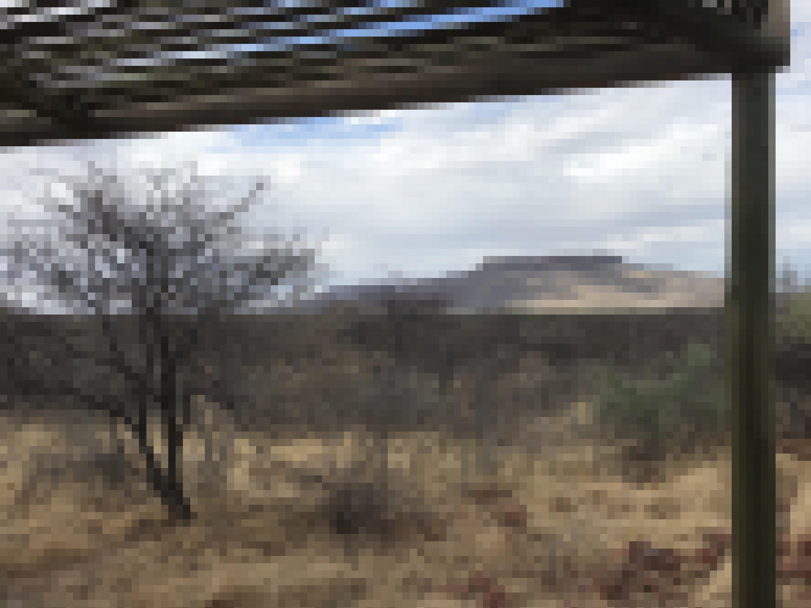 Von der Veranda der Lodge ist nur ein Teil des Holzdaches zu sehen, Blick über die weite Buschandschaf auf den Waterberg