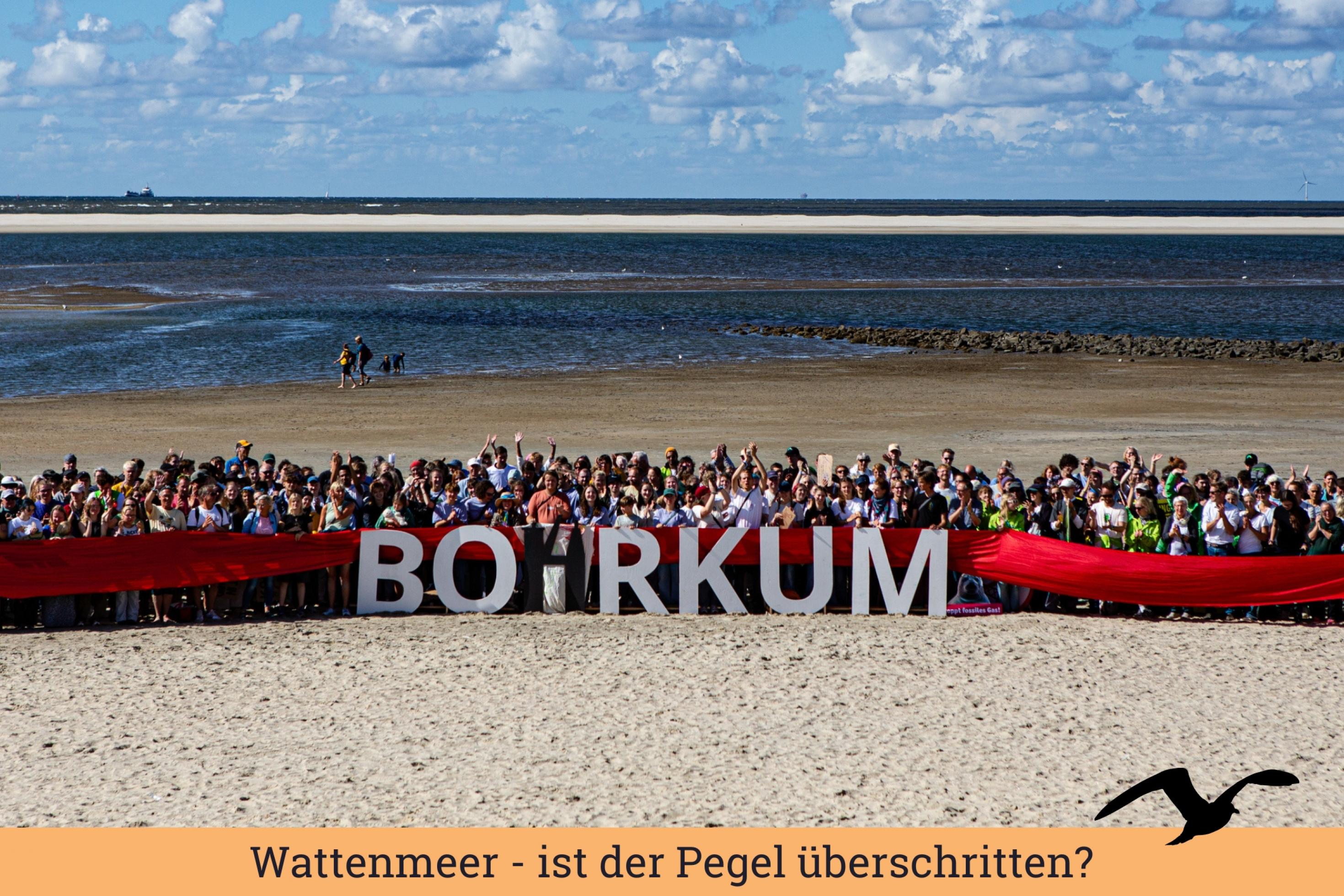 Strand, Meer, Wolken, eine Kette von Menschen mit einem Transparent, auf dem Bohrkum (mit h nach dem o) steht. Am Horizont unauffällig eine Industrieanlage.