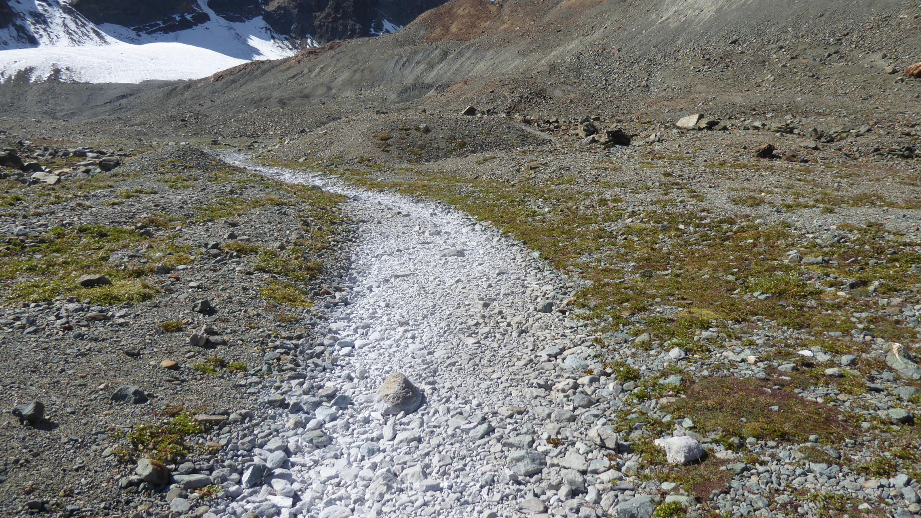 Vor dem schwarz-weißen Hintergrund, gebildet von bizarren Felsen und gleißendem Gletscher-Firn, zieht sich auf dem planen Vordergrund ein weißes Band über die Steine.