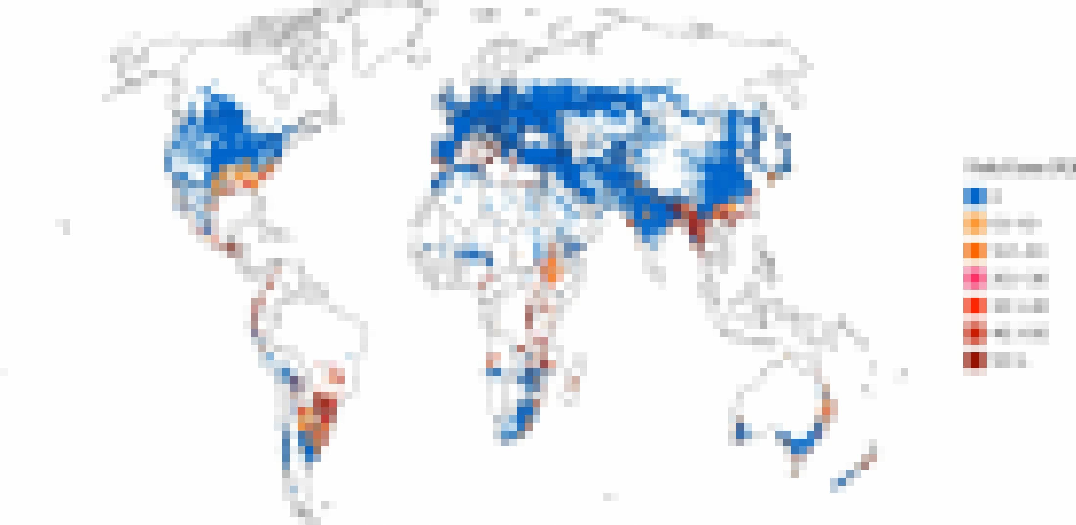 Eine Weltkarte zeigt den möglichen Weizenertragsverlust, der für Klimawandelszenarien für den Zeitraum 2040 bis 2070 simuliert wurde.