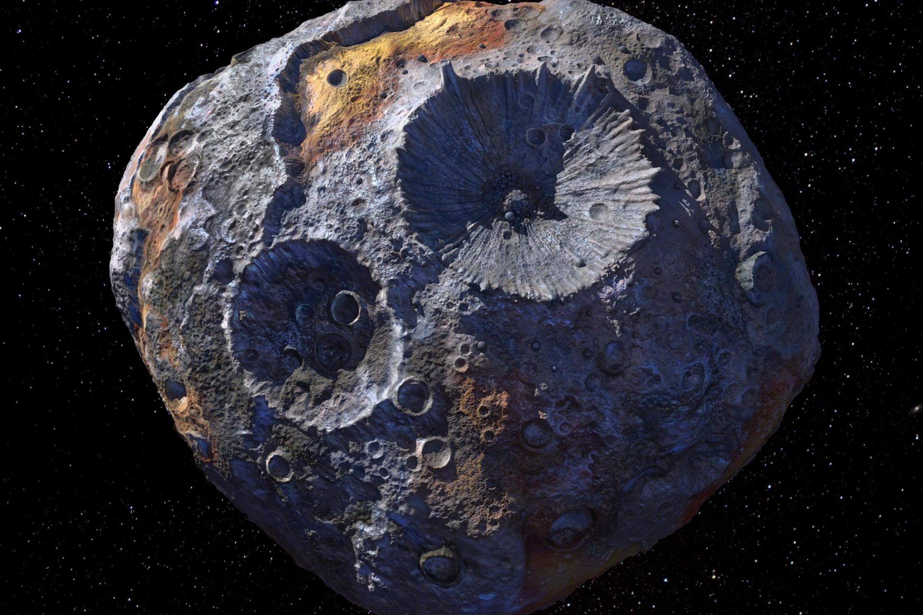 Eine Illustration vom Asteroiden Psyche im freien Weltraum.
