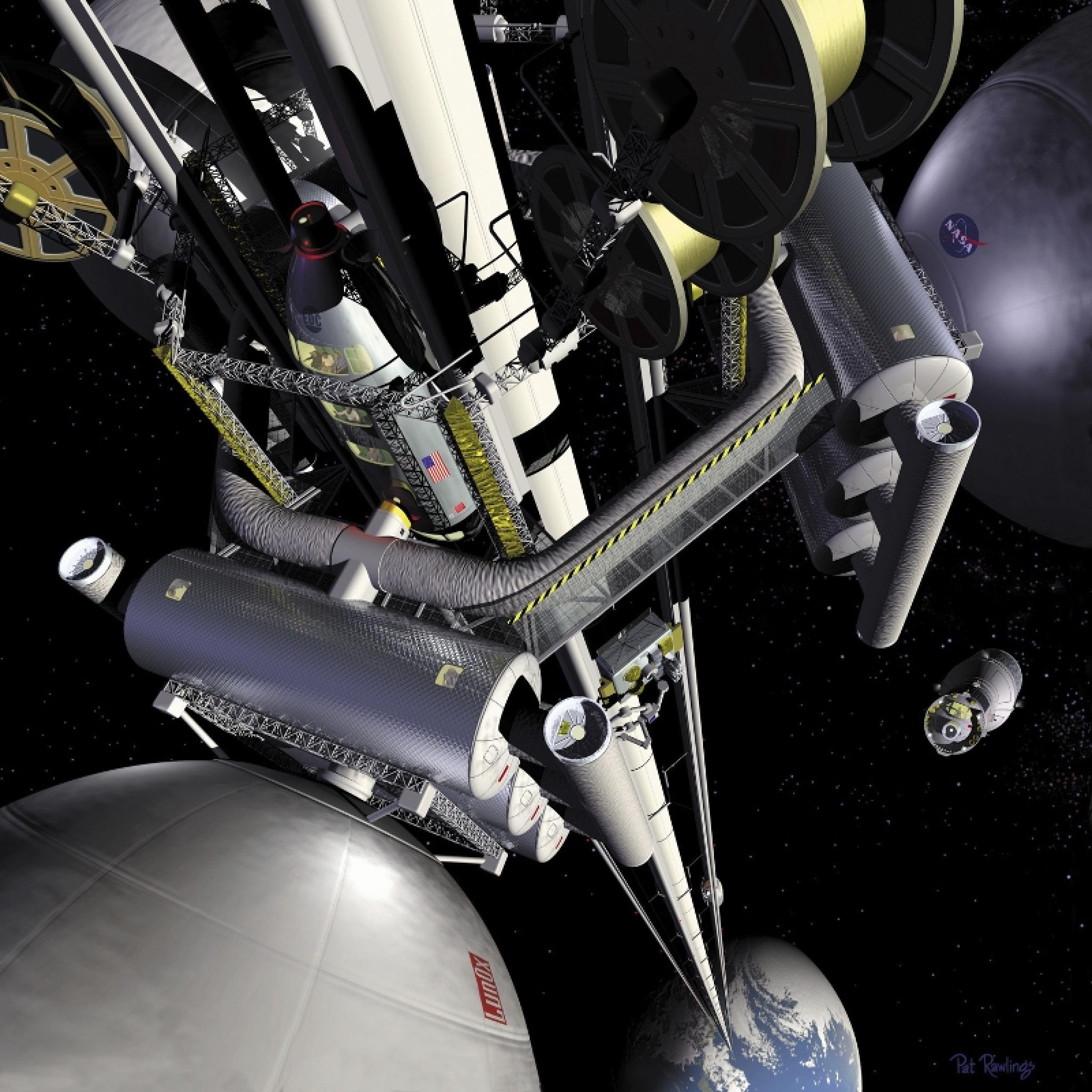 Grafik des Weltraumaufzugs ins All, mit einer Kabine, die am Kabel nach oben ins All fährt.