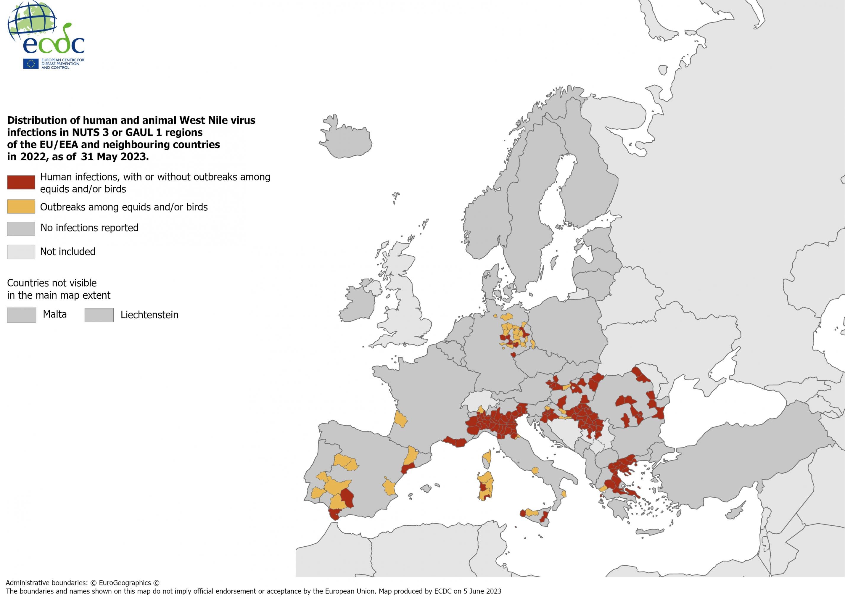 Das Bild zeigt die Orte auf einer Europa-Karte, wo es zwischen 2012 und 2022 zu menschlichen Infektionen mit dem West-Nil-Virus kam.
