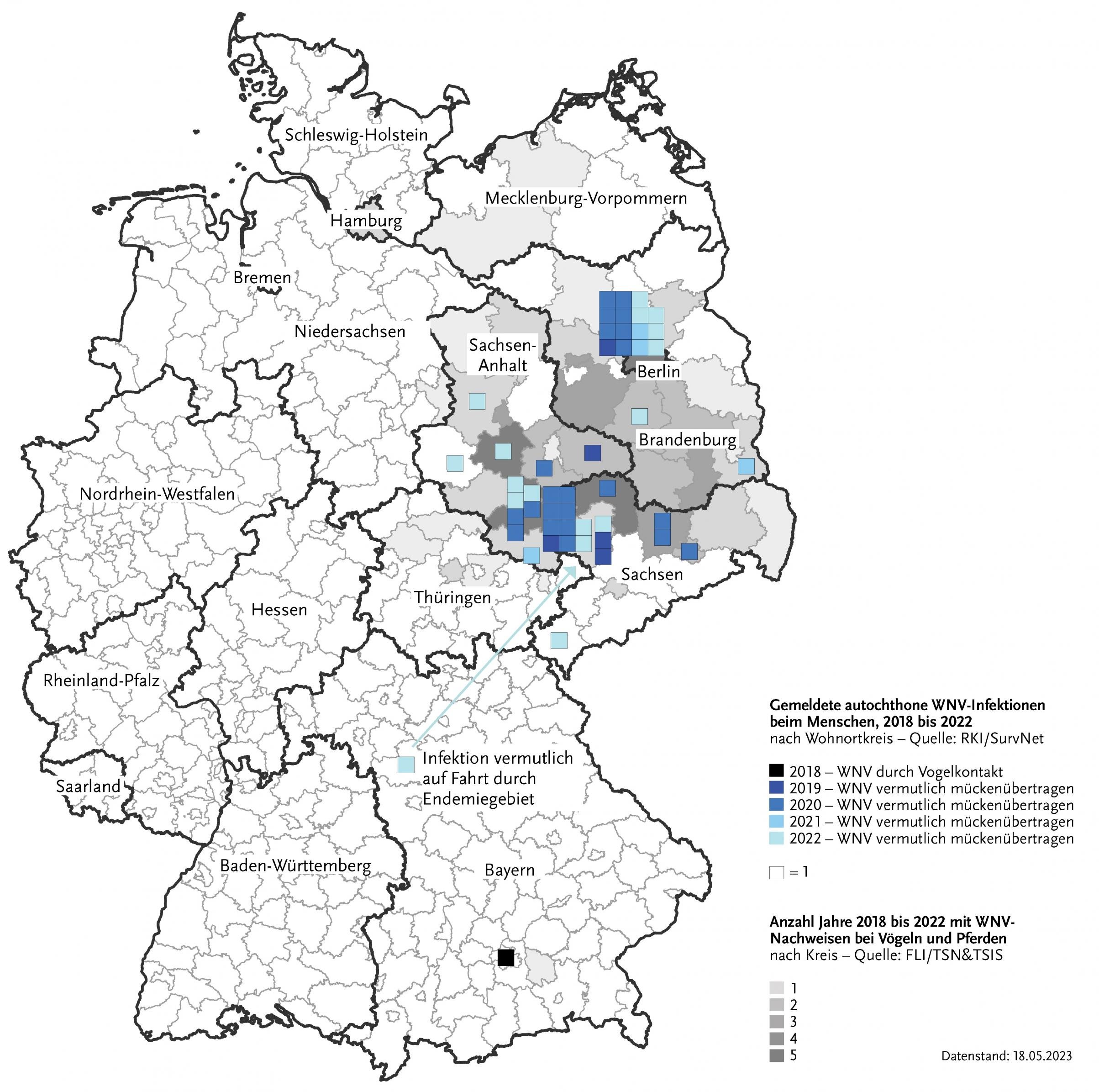 Die Karte zeigt, wo 2022 Menschen am West-Nil-Virus erkrankt sind: Es sind vor allem Kreise in den östlichen Bundesländern