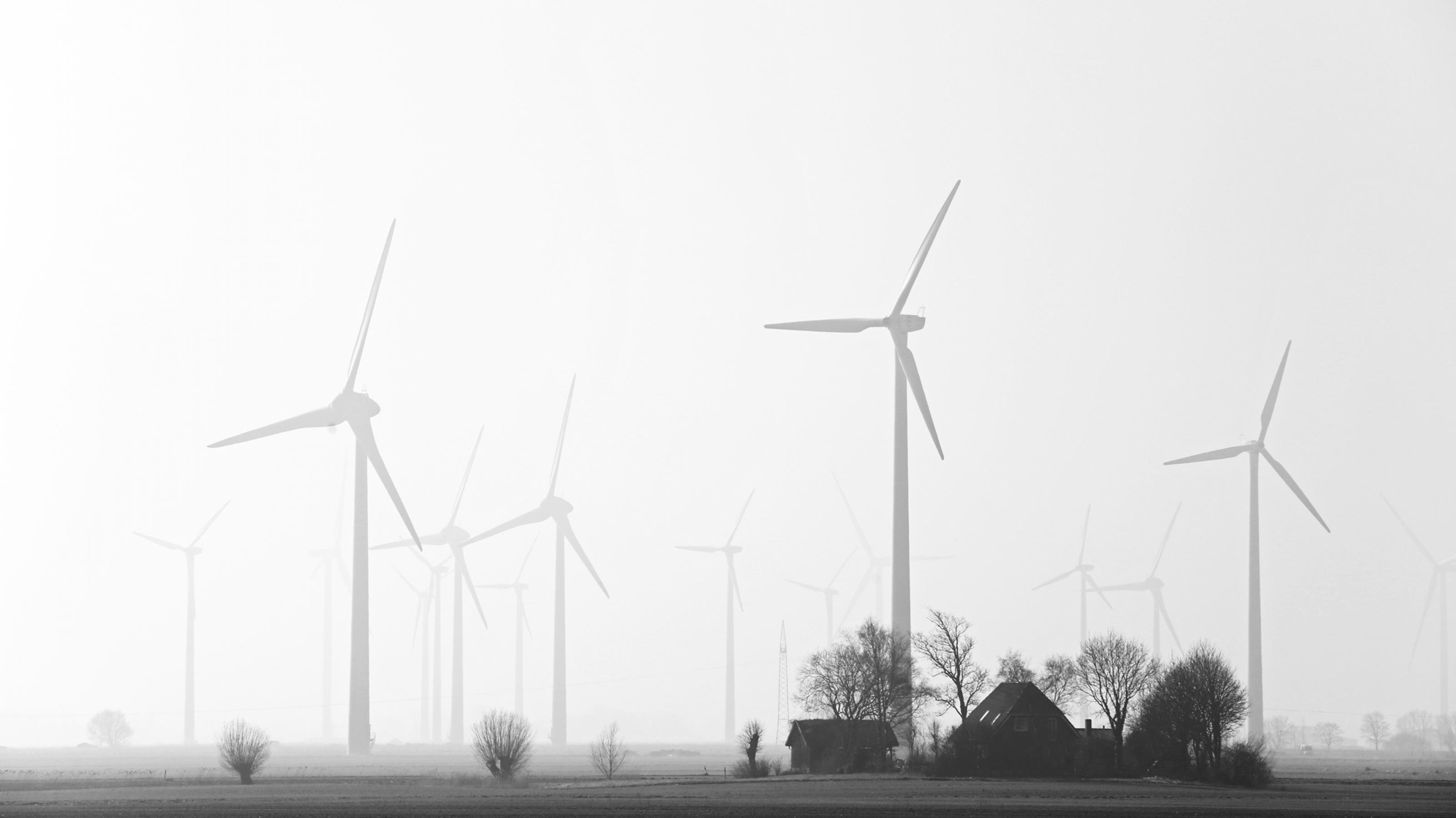Das Bild zeigt Windräder im Nebel, im Vordergrund ein kleiner Bauernhof.