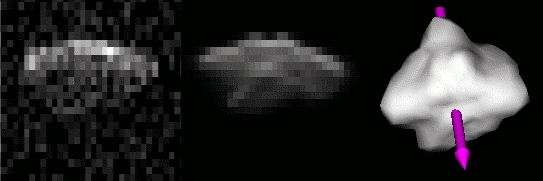 Radarbild und Animation von Asteroid 54509 YORP