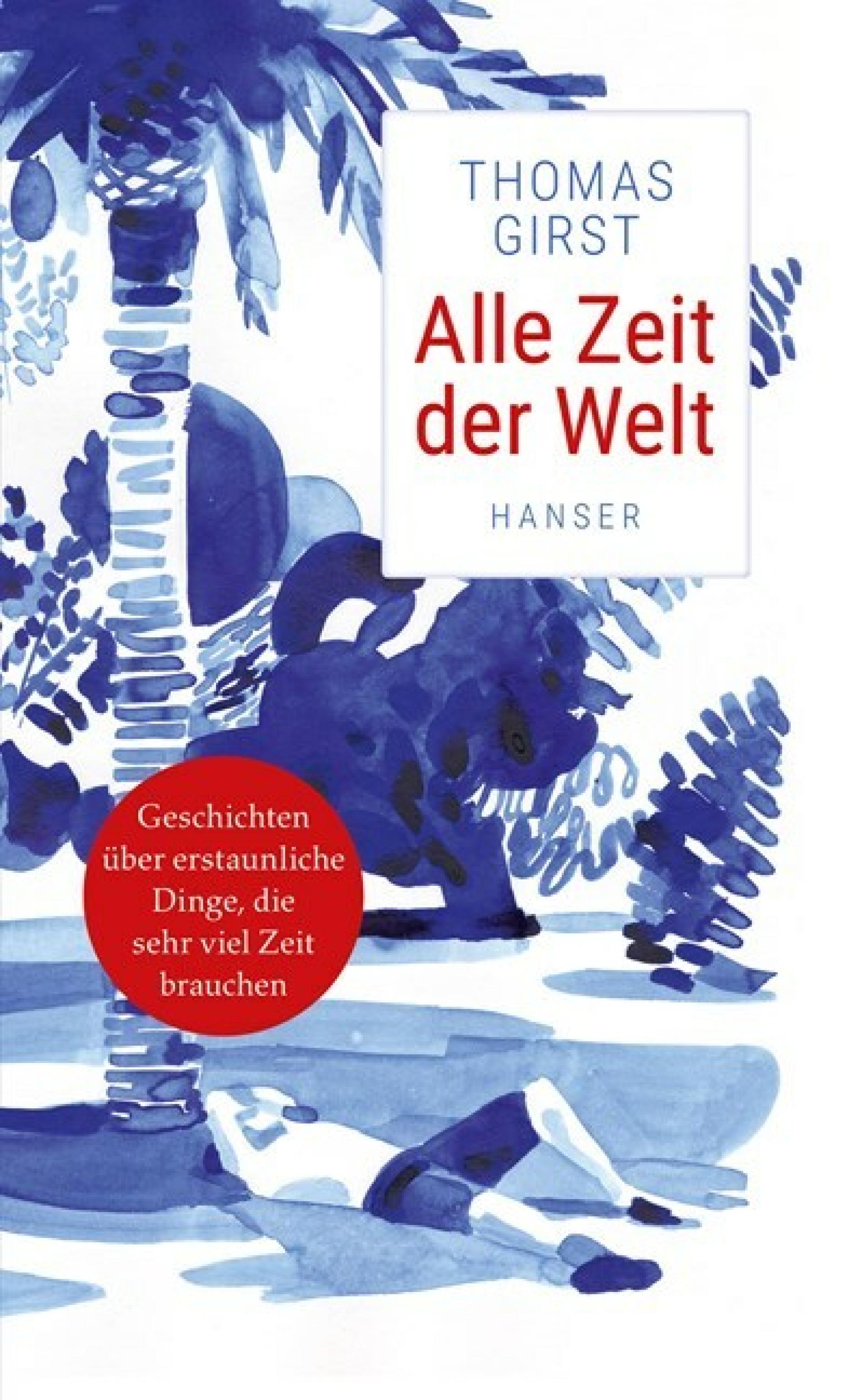 Das Buchcover von „Alle Zeit der Welt“ Hanser-Verlag: ein Mann liegt unter einer Palme, blau-weiße Zeichnung.