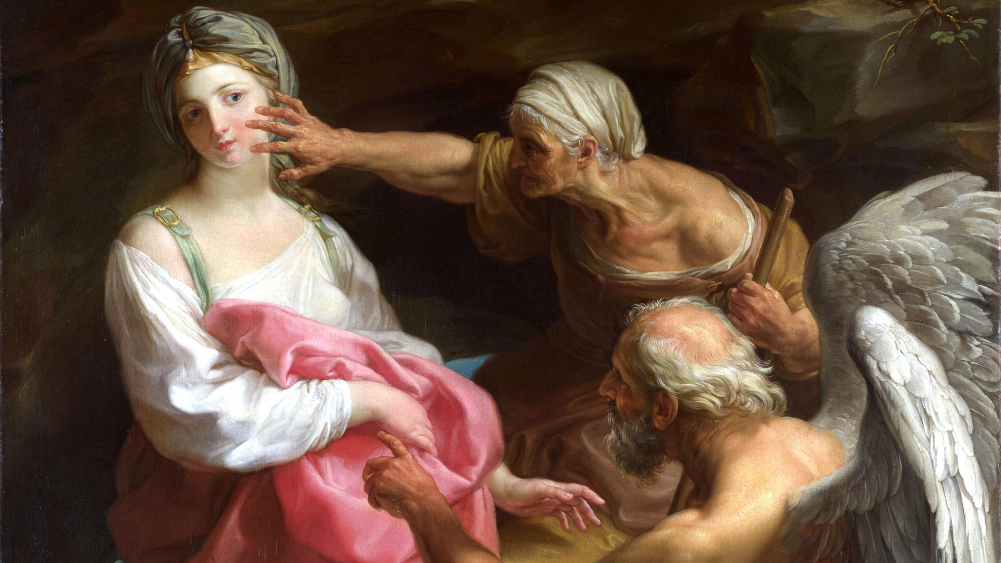 Links auf dem Gemälde ist eine junge Frau, zu sehen, die vor der Hand einer Alten rechts daneben zurückschreckt, die ihr Gesicht zu zerkratzen droht. Rechts unten im Bild ist ein grauhaariger Mann mit mächtigen Flügeln auf dem Rücken dargestellt, der mit seinem Zeigefinger auf die junge Frau weist.